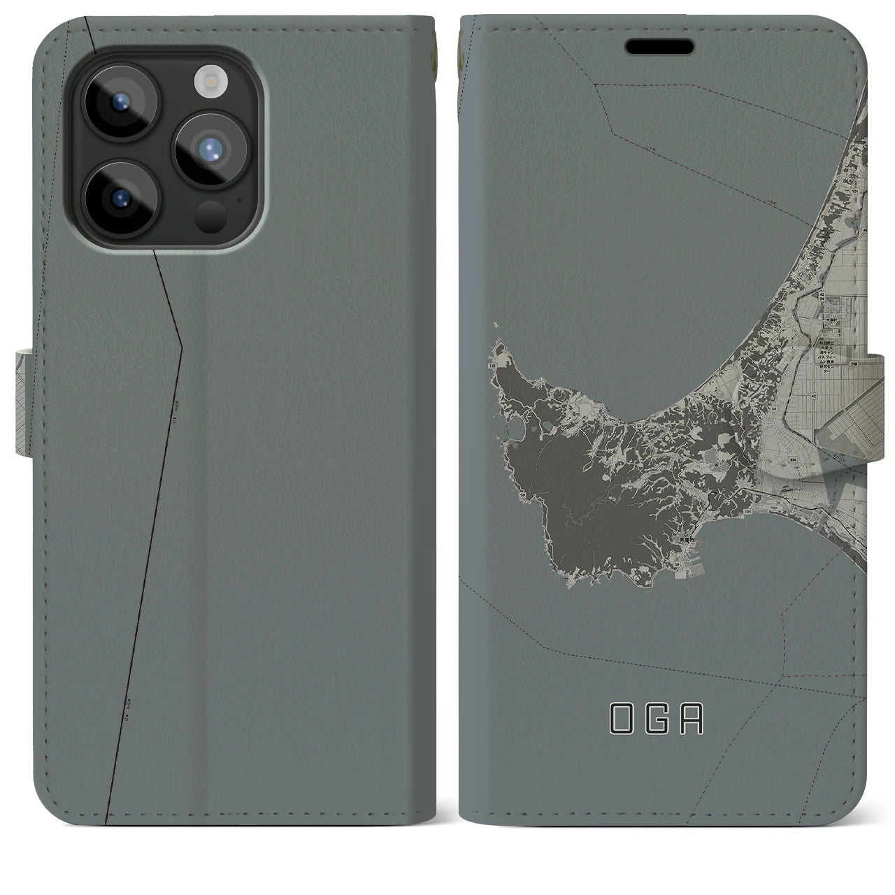 【男鹿(秋田県)】地図柄iPhoneケース(手帳タイプ)モノトーン・iPhone 15 Pro Max 用