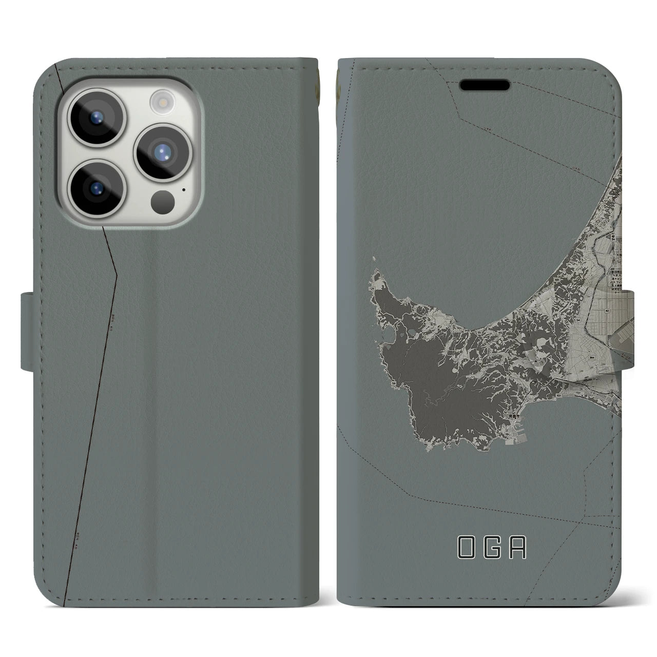 【男鹿(秋田県)】地図柄iPhoneケース(手帳タイプ)モノトーン・iPhone 15 Pro 用