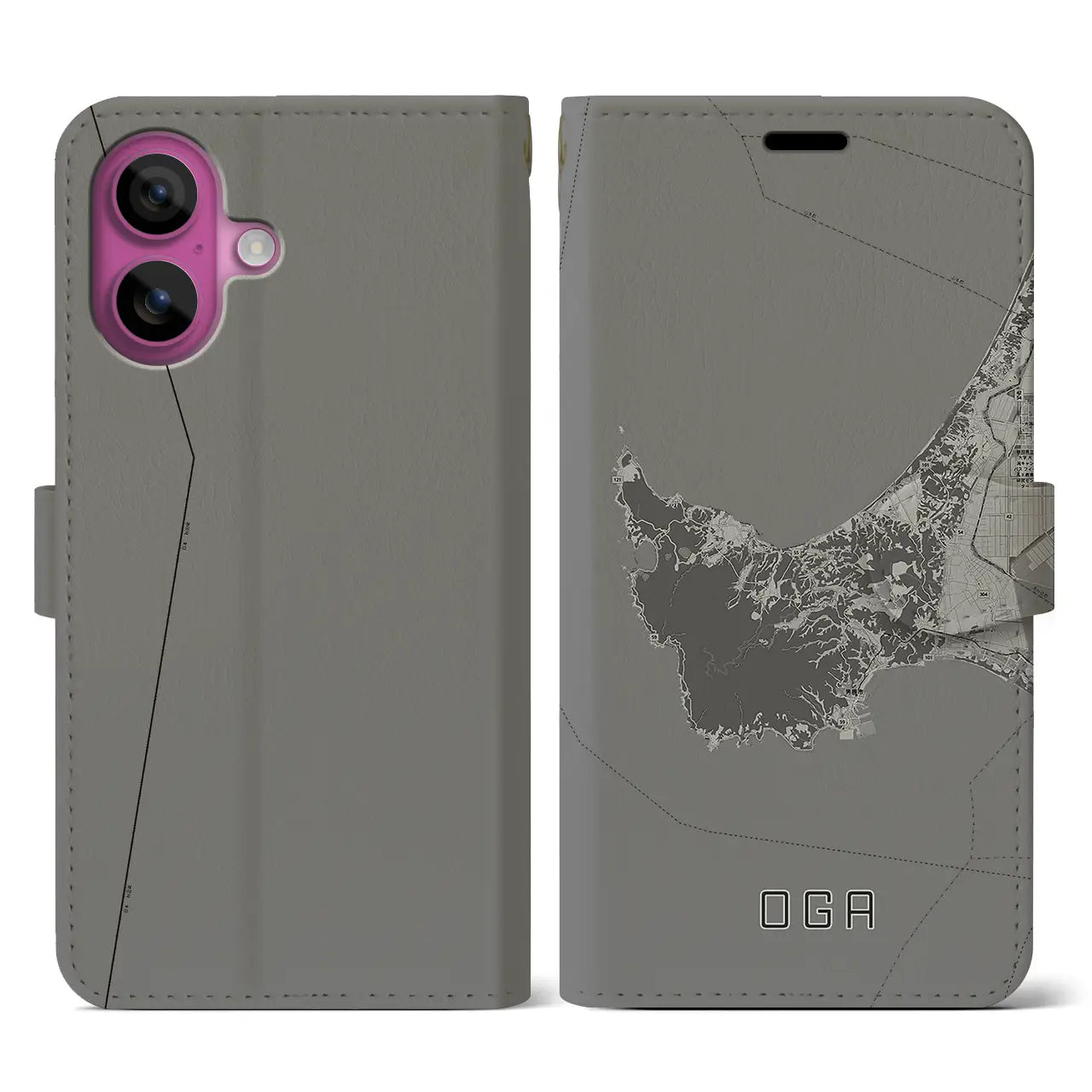【男鹿(秋田県)】地図柄iPhoneケース(手帳タイプ)モノトーン・iPhone 16 Pro 用