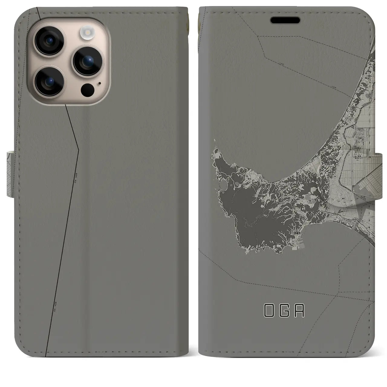 【男鹿(秋田県)】地図柄iPhoneケース(手帳タイプ)モノトーン・iPhone 16 Plus 用