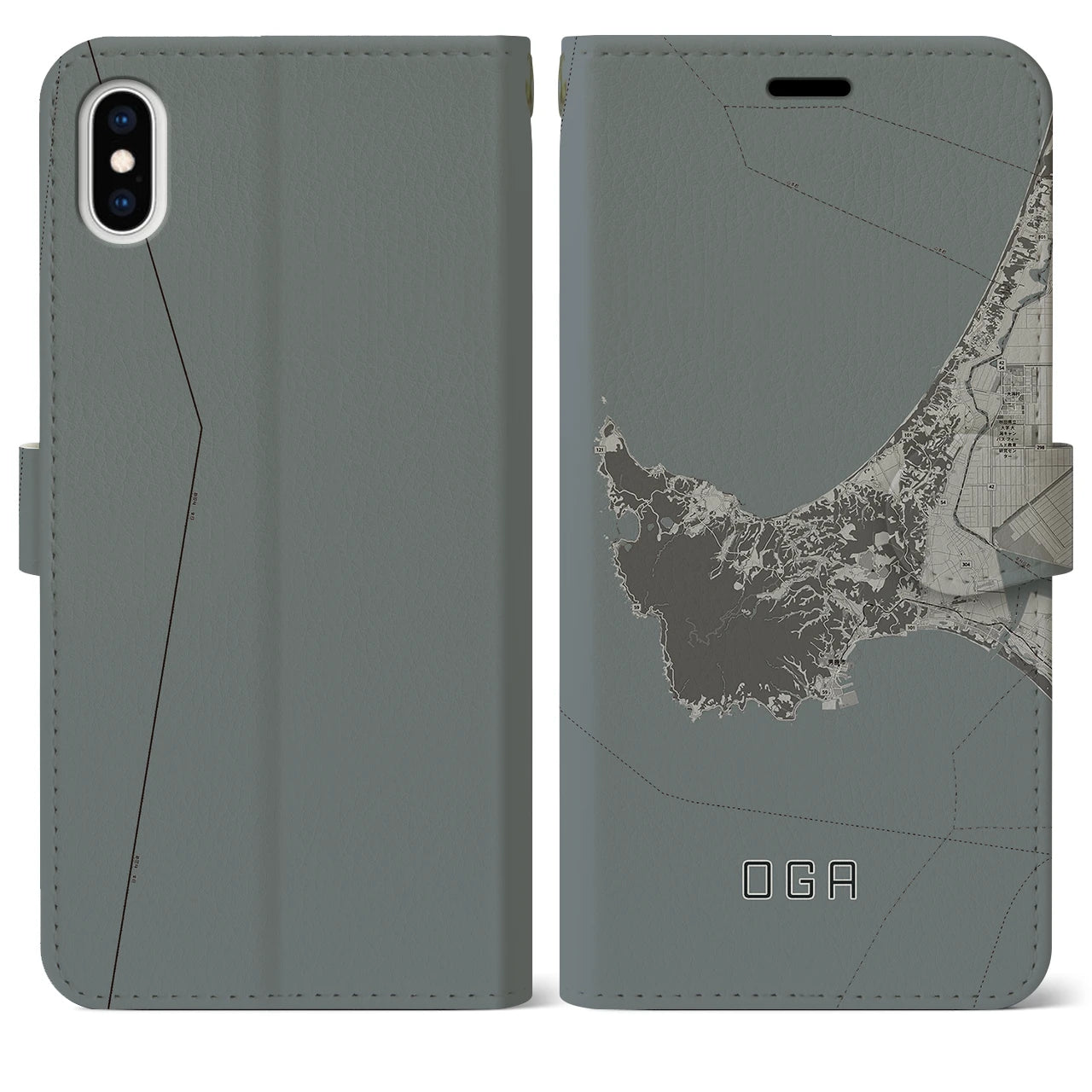 【男鹿(秋田県)】地図柄iPhoneケース(手帳タイプ)モノトーン・iPhone XS Max 用