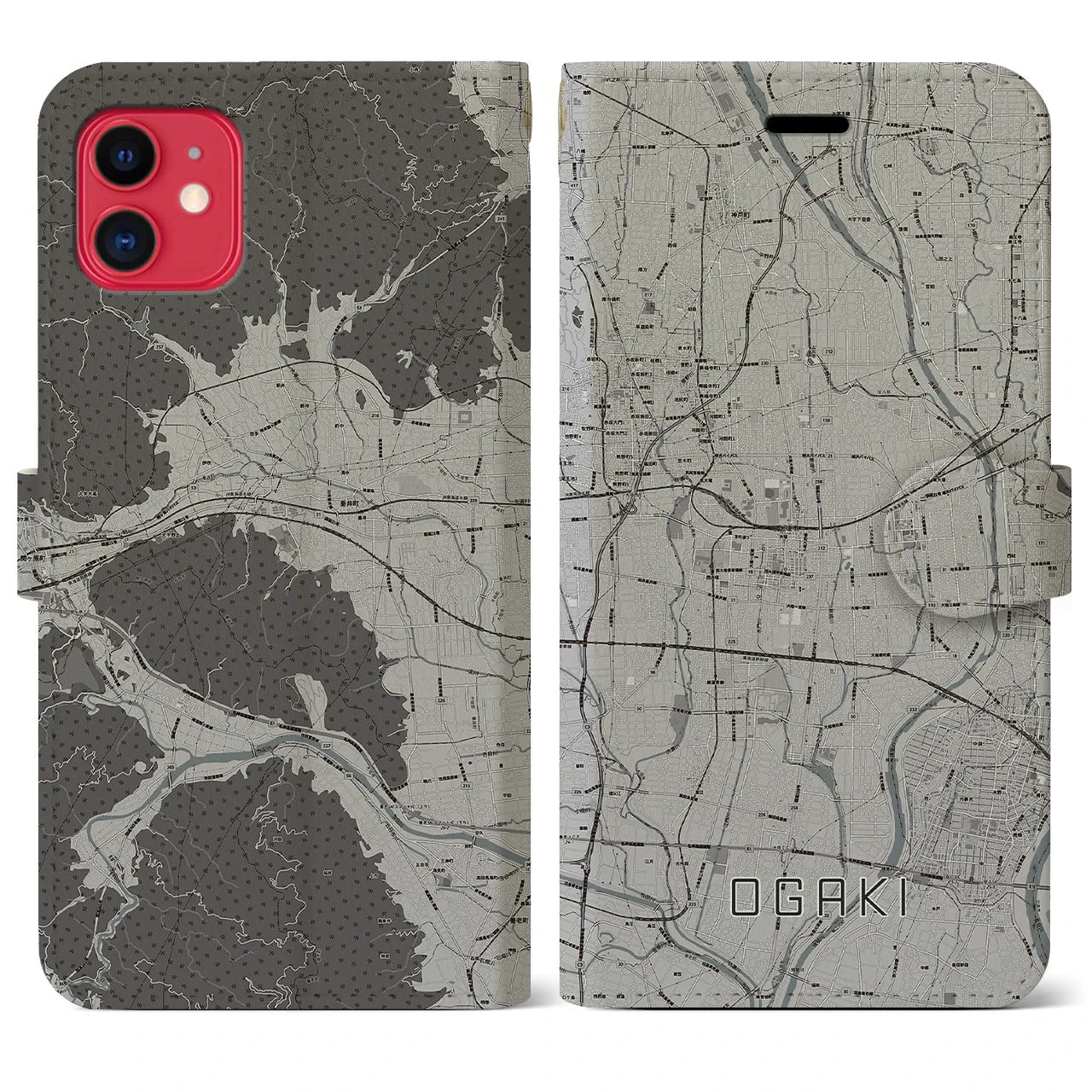 【大垣(岐阜県)】地図柄iPhoneケース(手帳タイプ)モノトーン・iPhone 11 用