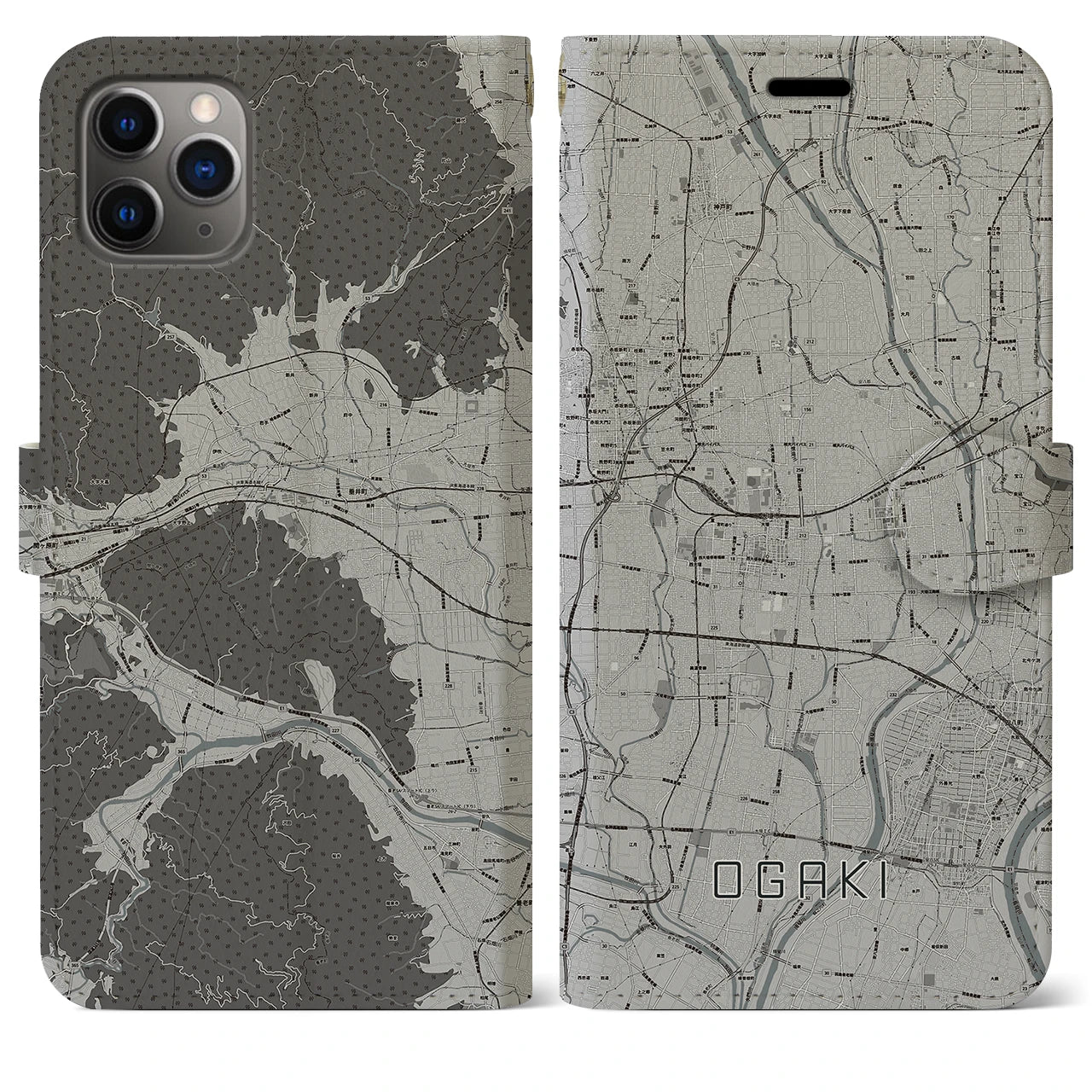 【大垣(岐阜県)】地図柄iPhoneケース(手帳タイプ)モノトーン・iPhone 11 Pro Max 用