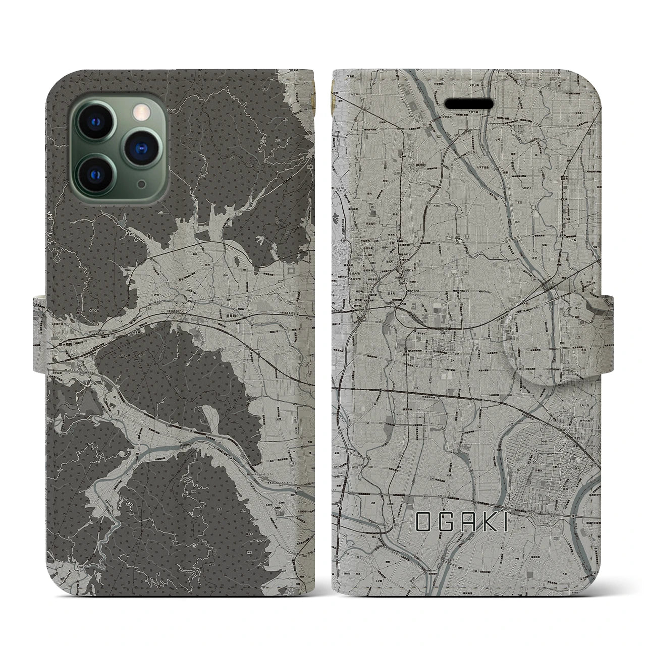 【大垣(岐阜県)】地図柄iPhoneケース(手帳タイプ)モノトーン・iPhone 11 Pro 用