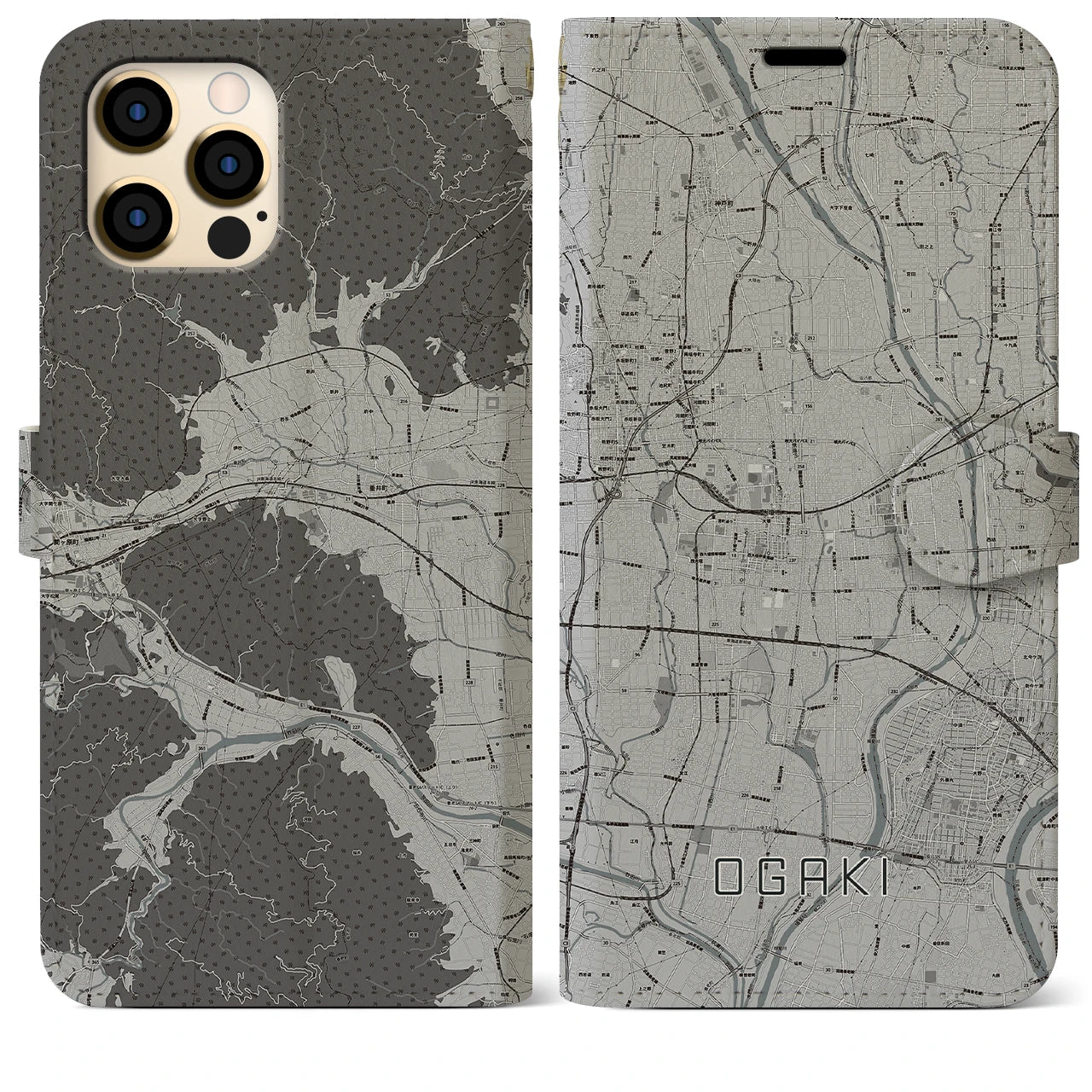 【大垣(岐阜県)】地図柄iPhoneケース(手帳タイプ)モノトーン・iPhone 12 Pro Max 用