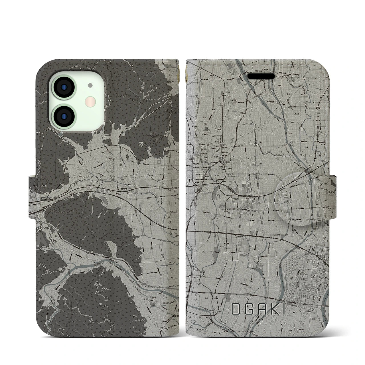 【大垣(岐阜県)】地図柄iPhoneケース(手帳タイプ)モノトーン・iPhone 12 mini 用