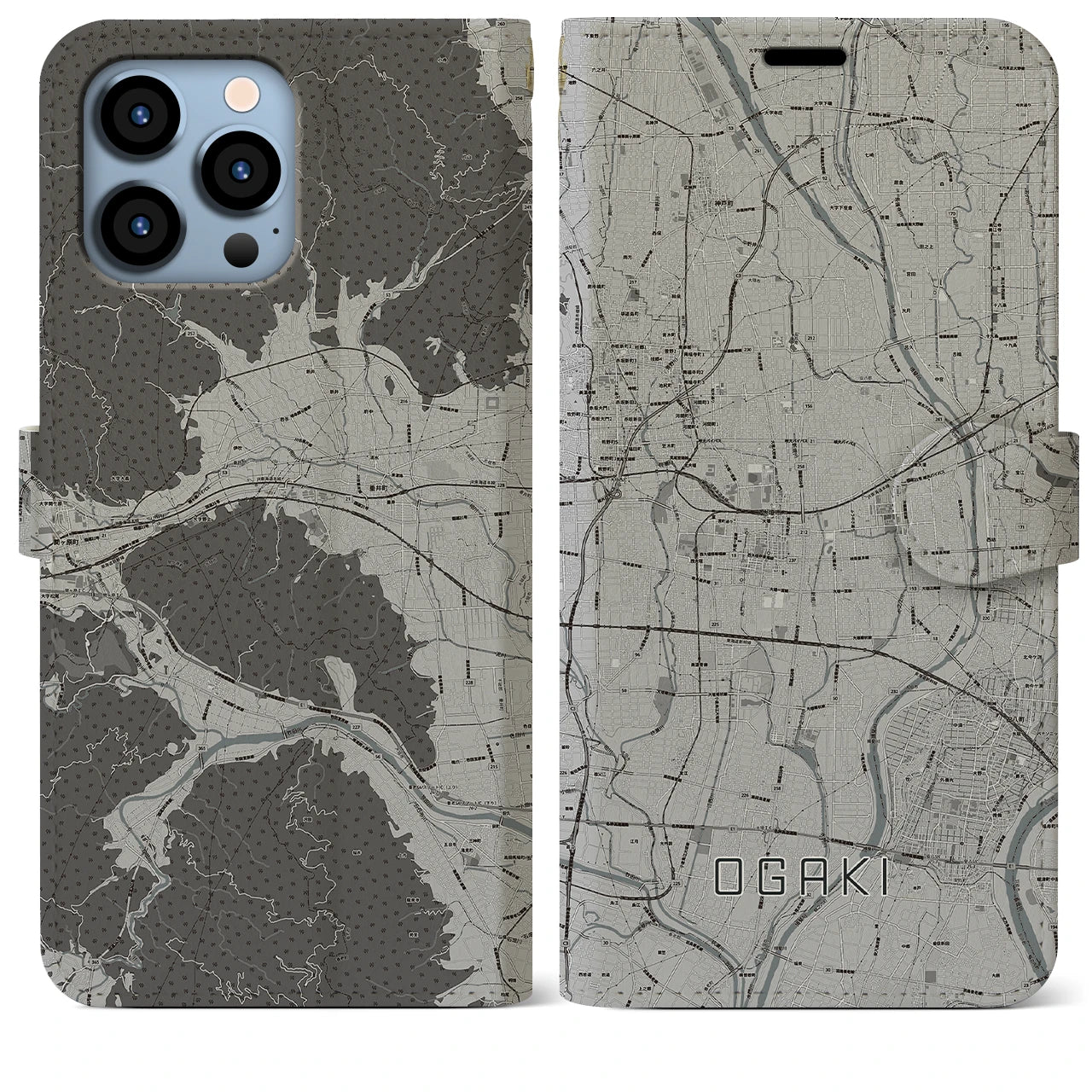 【大垣(岐阜県)】地図柄iPhoneケース(手帳タイプ)モノトーン・iPhone 13 Pro Max 用