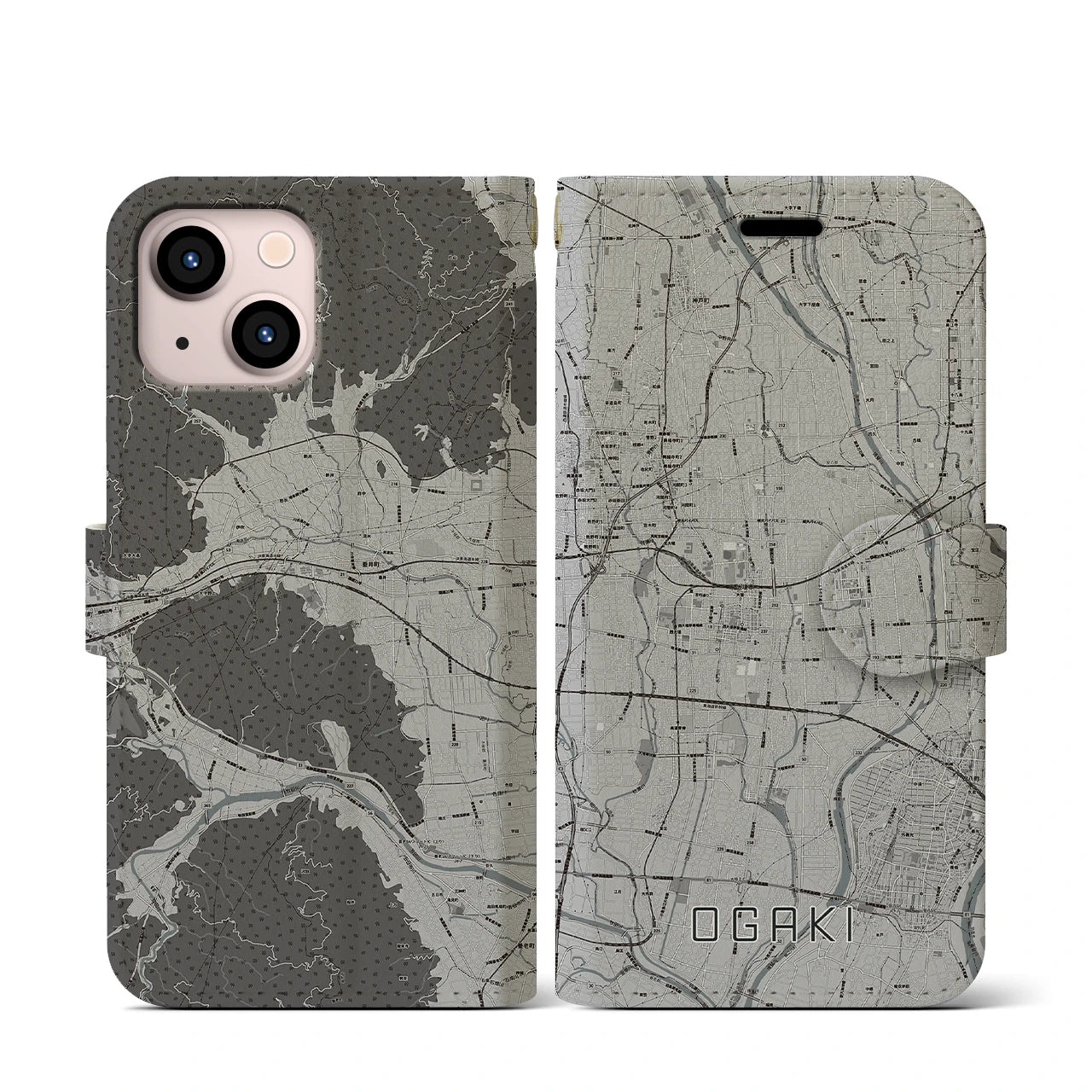 【大垣(岐阜県)】地図柄iPhoneケース(手帳タイプ)モノトーン・iPhone 13 mini 用
