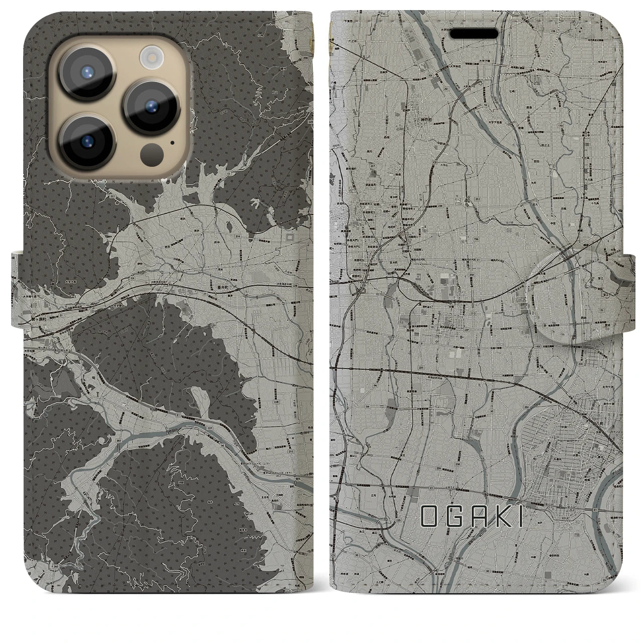 【大垣(岐阜県)】地図柄iPhoneケース(手帳タイプ)モノトーン・iPhone 14 Pro Max 用