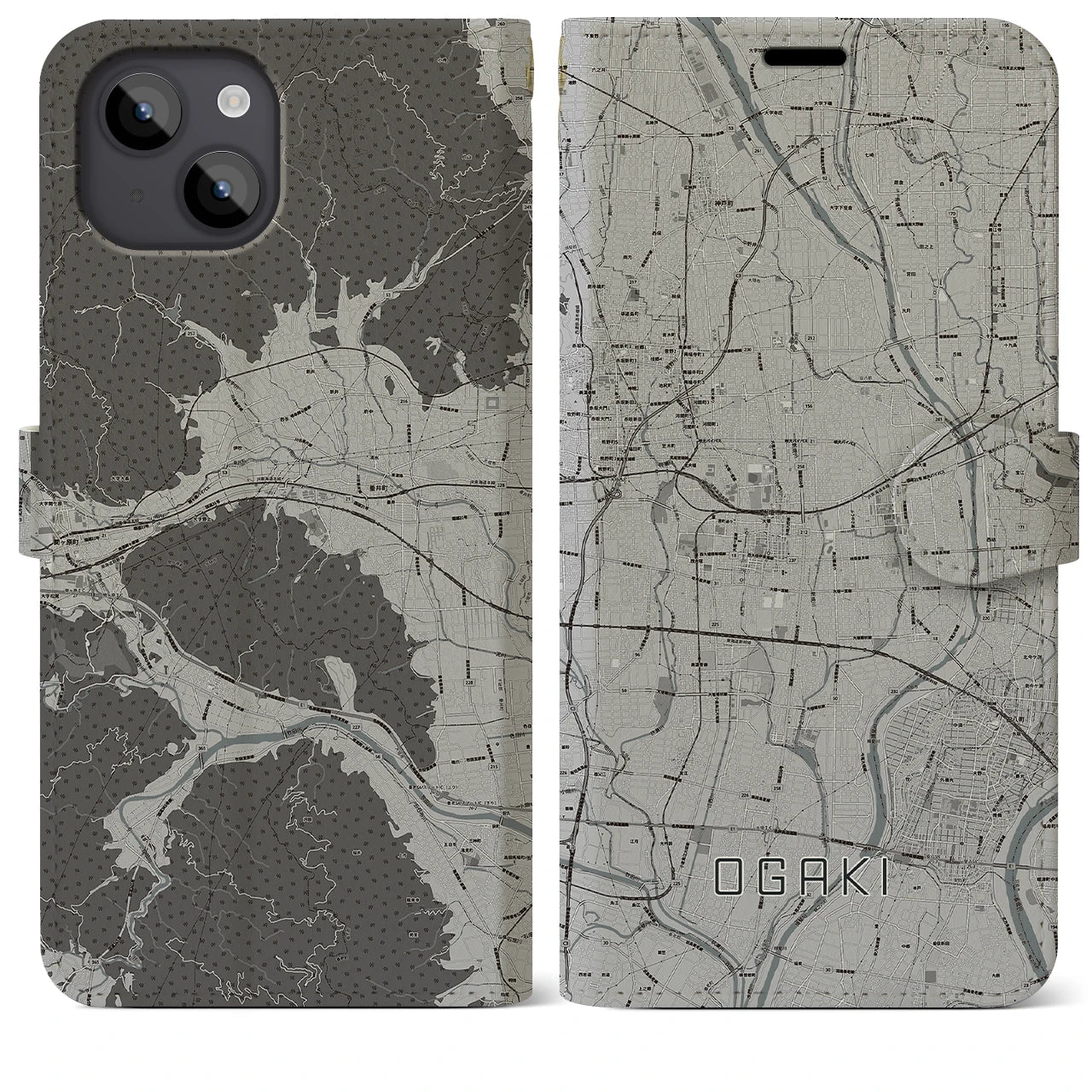 【大垣(岐阜県)】地図柄iPhoneケース(手帳タイプ)モノトーン・iPhone 14 Plus 用