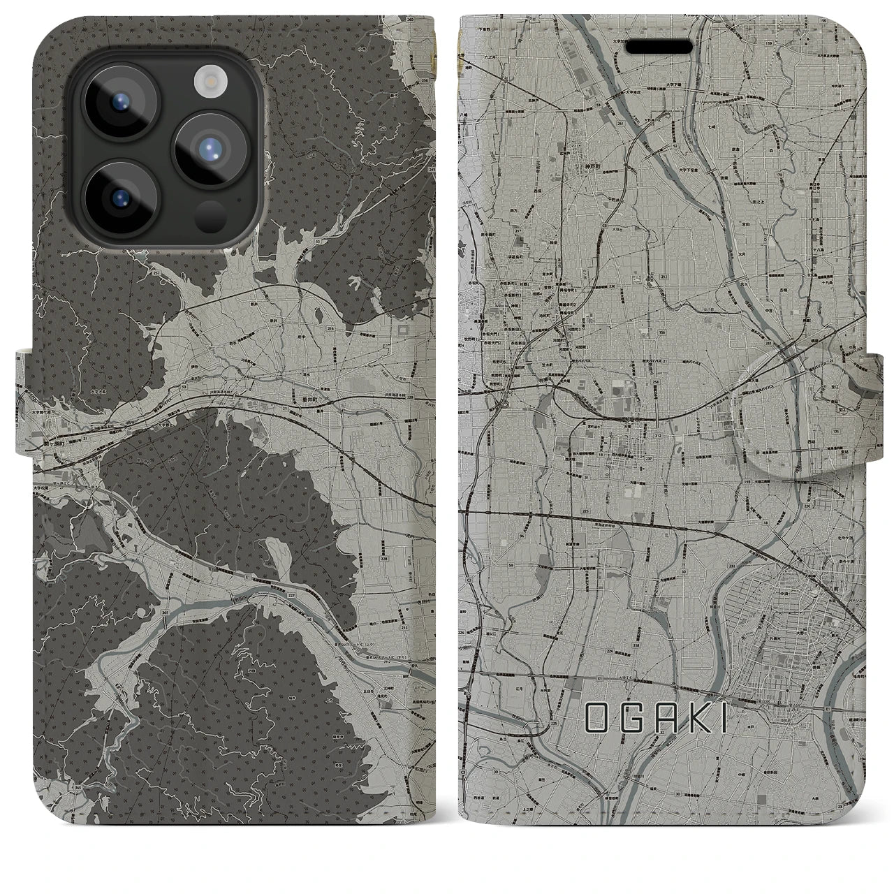 【大垣(岐阜県)】地図柄iPhoneケース(手帳タイプ)モノトーン・iPhone 15 Pro Max 用