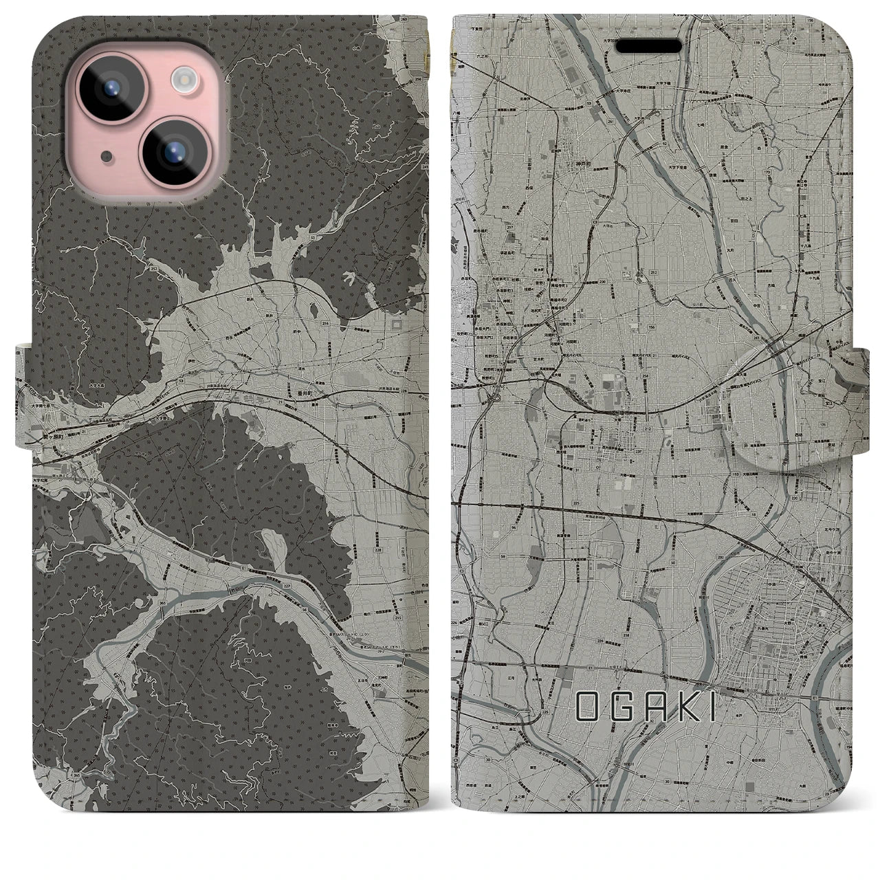 【大垣(岐阜県)】地図柄iPhoneケース(手帳タイプ)モノトーン・iPhone 15 Plus 用