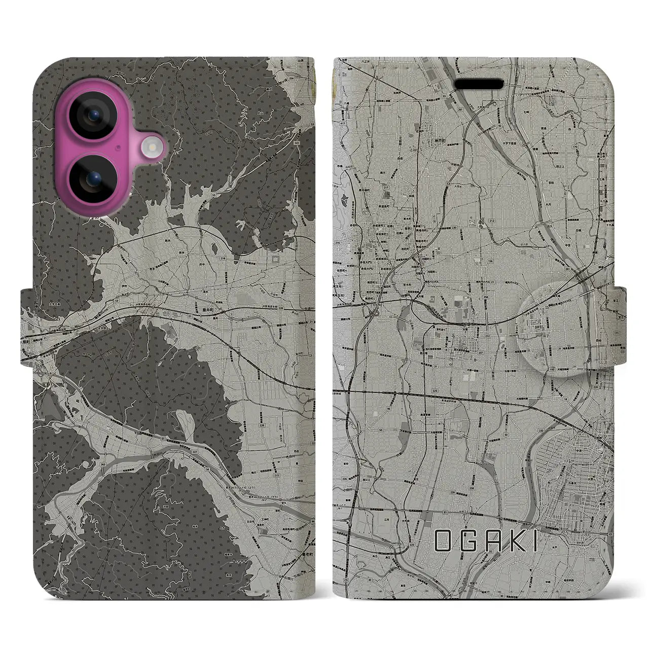 【大垣(岐阜県)】地図柄iPhoneケース(手帳タイプ)モノトーン・iPhone 16 Pro 用