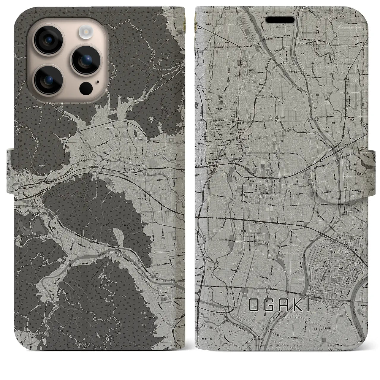 【大垣(岐阜県)】地図柄iPhoneケース(手帳タイプ)モノトーン・iPhone 16 Plus 用
