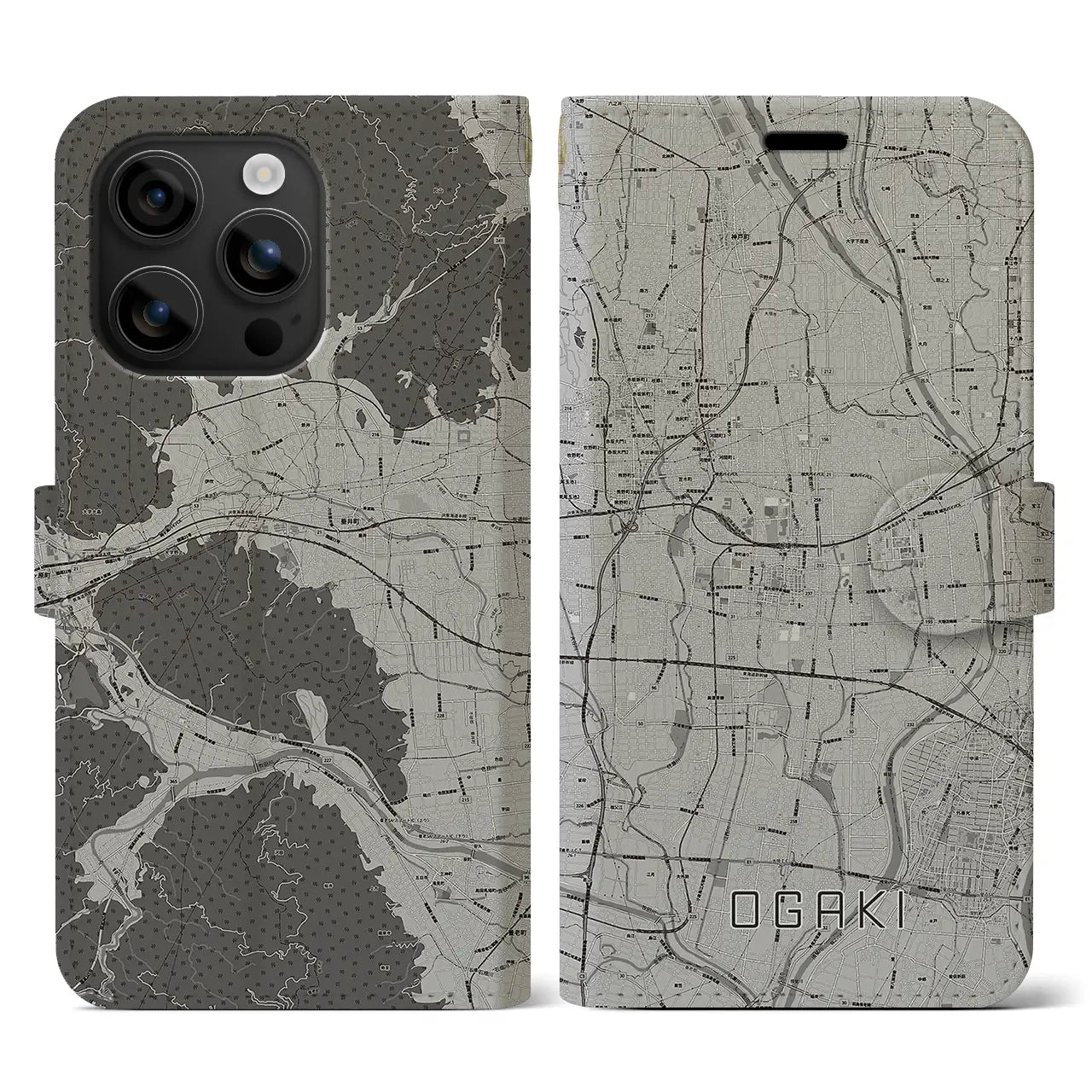 【大垣(岐阜県)】地図柄iPhoneケース(手帳タイプ)モノトーン・iPhone 16 用