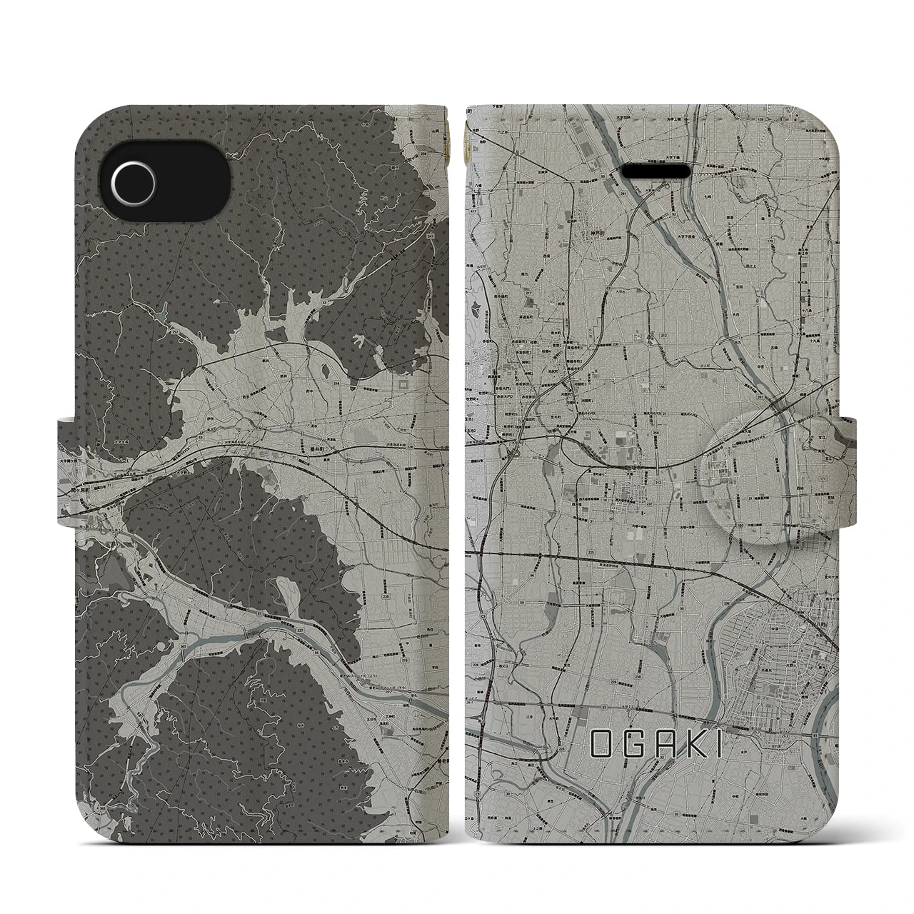 【大垣(岐阜県)】地図柄iPhoneケース(手帳タイプ)モノトーン・iPhone SE(第3 / 第2世代) / 8 / 7 / 6s / 6 用