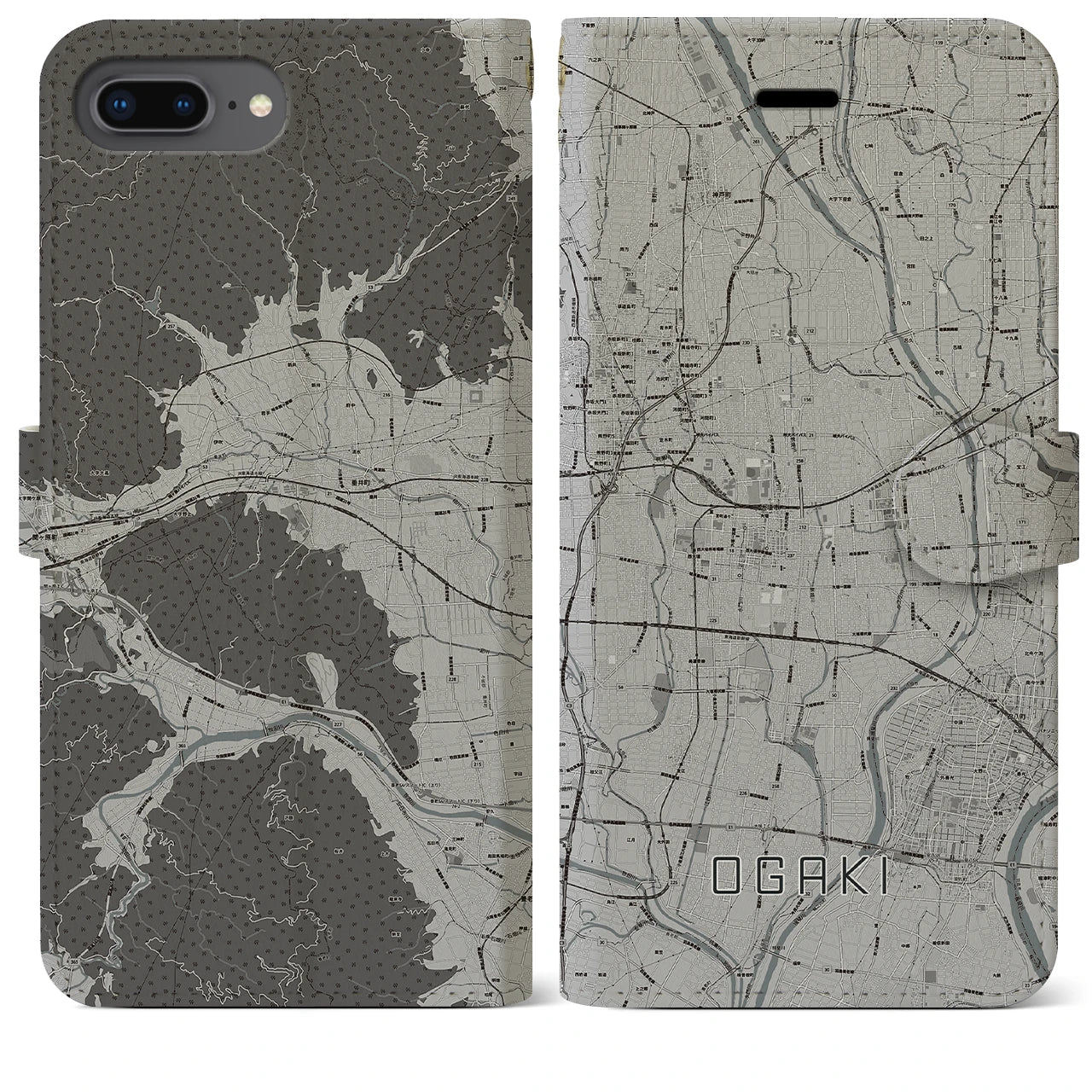 【大垣(岐阜県)】地図柄iPhoneケース(手帳タイプ)モノトーン・iPhone 8Plus /7Plus / 6sPlus / 6Plus 用