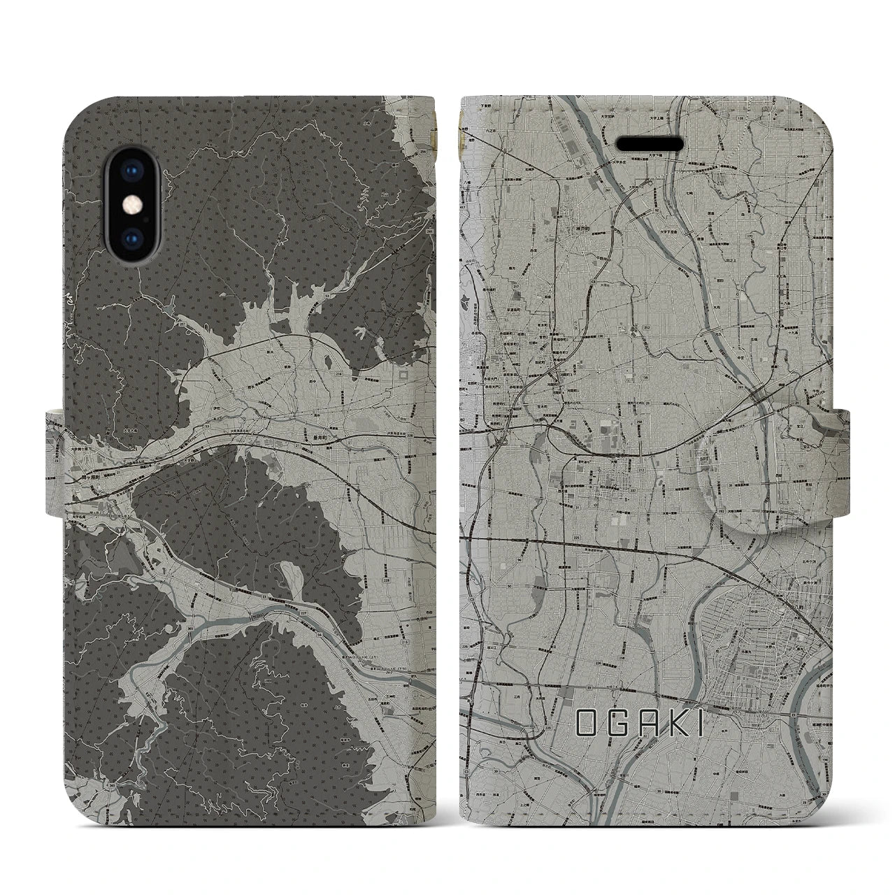 【大垣(岐阜県)】地図柄iPhoneケース(手帳タイプ)モノトーン・iPhone XS / X 用