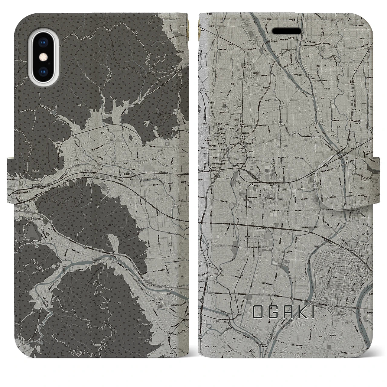 【大垣(岐阜県)】地図柄iPhoneケース(手帳タイプ)モノトーン・iPhone XS Max 用