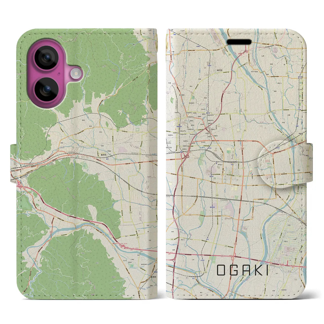 【大垣(岐阜県)】地図柄iPhoneケース(手帳タイプ)ナチュラル・iPhone 16 Pro 用