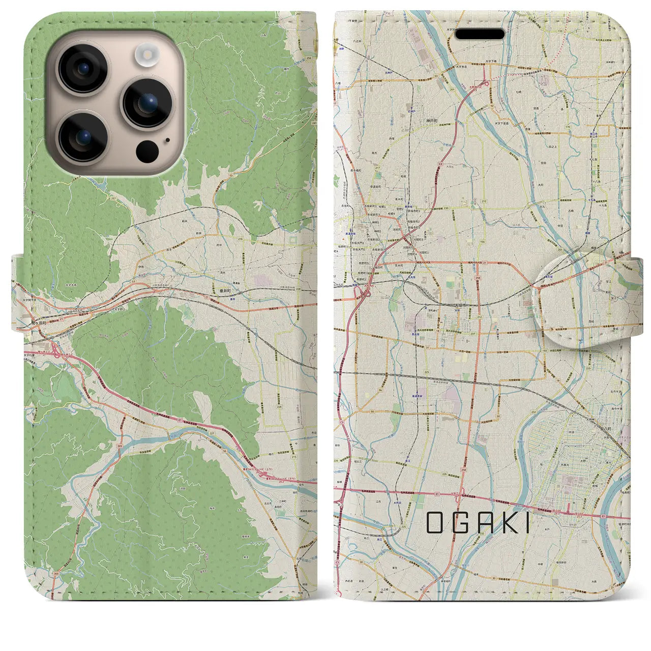 【大垣(岐阜県)】地図柄iPhoneケース(手帳タイプ)ナチュラル・iPhone 16 Plus 用