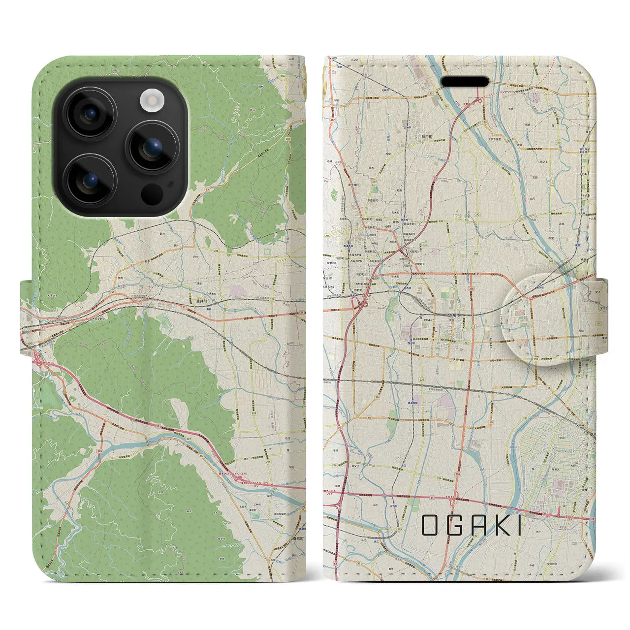 【大垣(岐阜県)】地図柄iPhoneケース(手帳タイプ)ナチュラル・iPhone 16 用