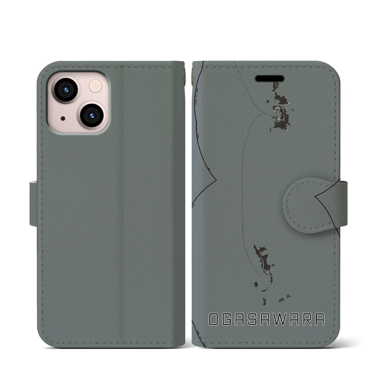 【小笠原(東京都)】地図柄iPhoneケース(手帳タイプ)モノトーン・iPhone 13 mini 用