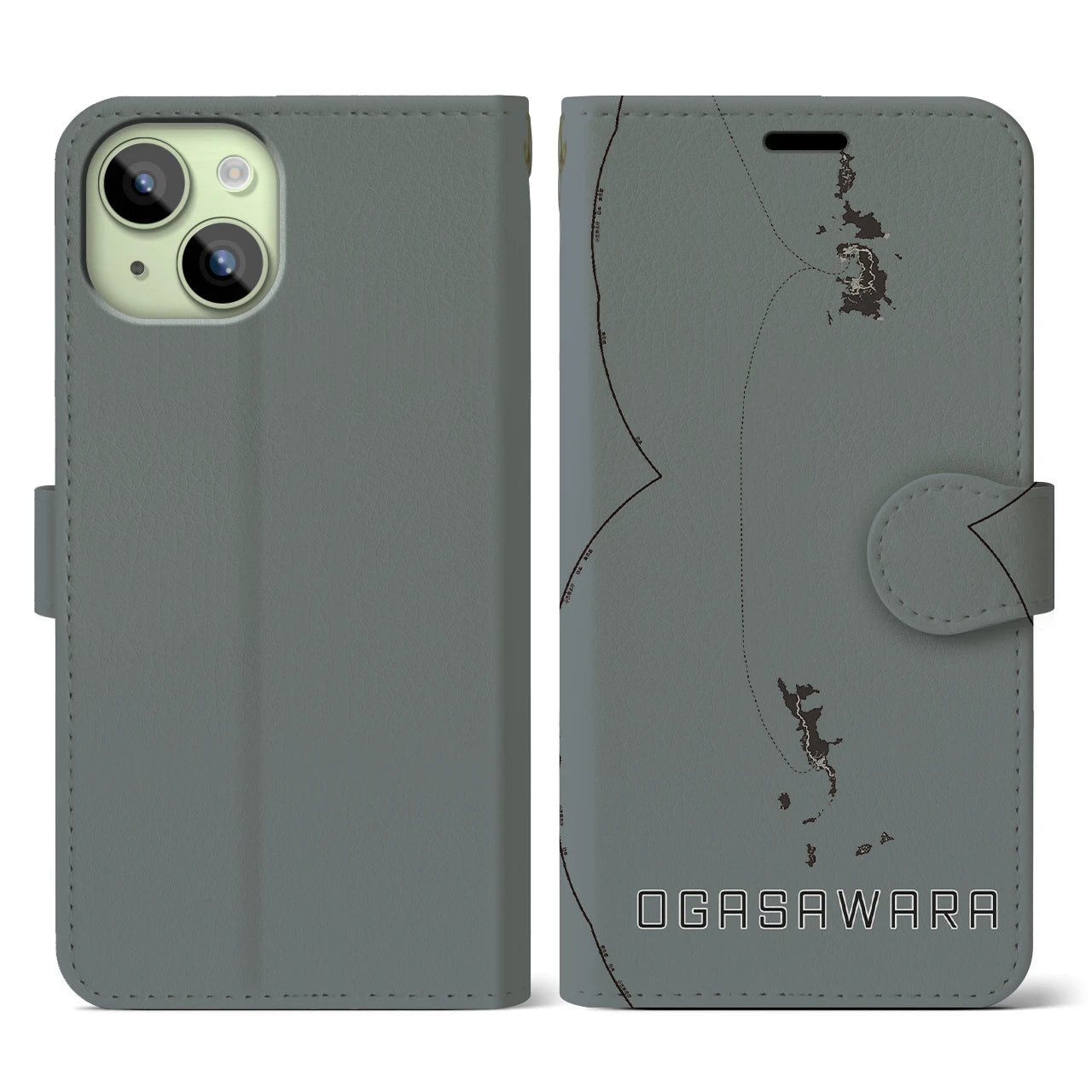 【小笠原(東京都)】地図柄iPhoneケース(手帳タイプ)モノトーン・iPhone 15 用