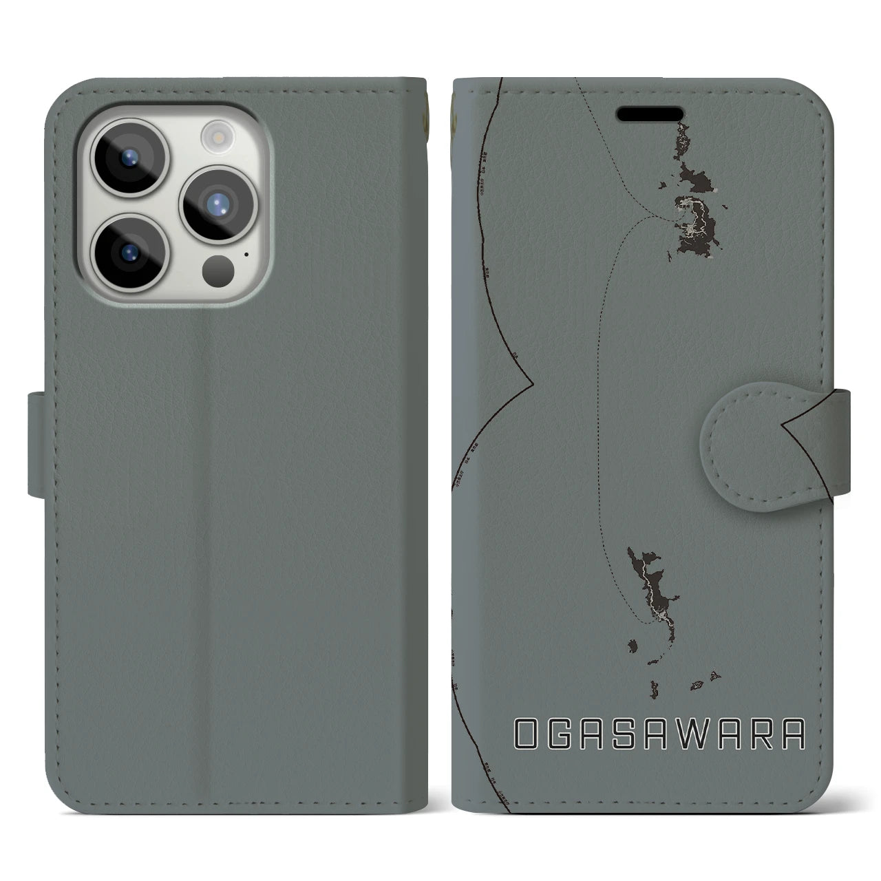 【小笠原(東京都)】地図柄iPhoneケース(手帳タイプ)モノトーン・iPhone 15 Pro 用