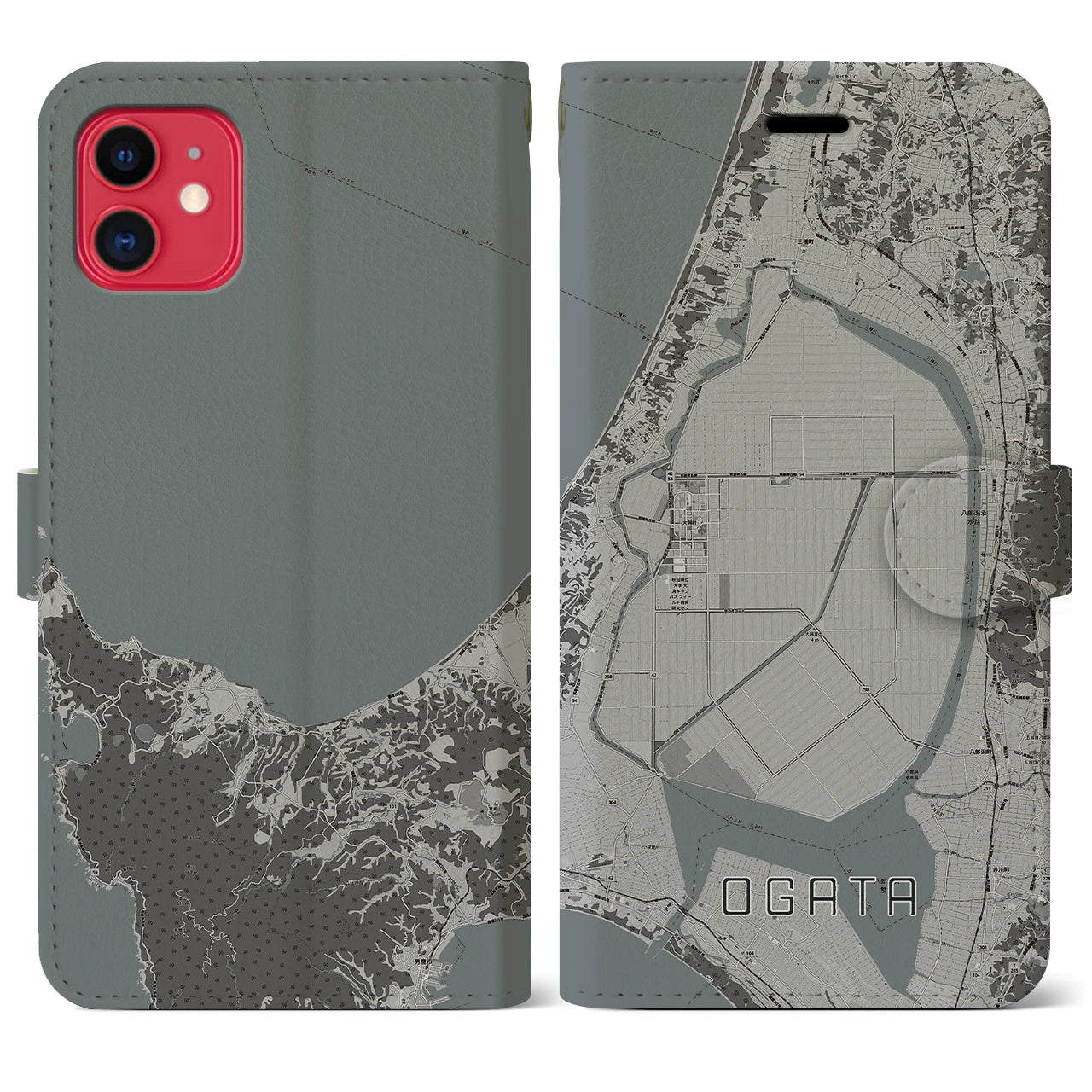 【大潟(秋田県)】地図柄iPhoneケース(手帳タイプ)モノトーン・iPhone 11 用