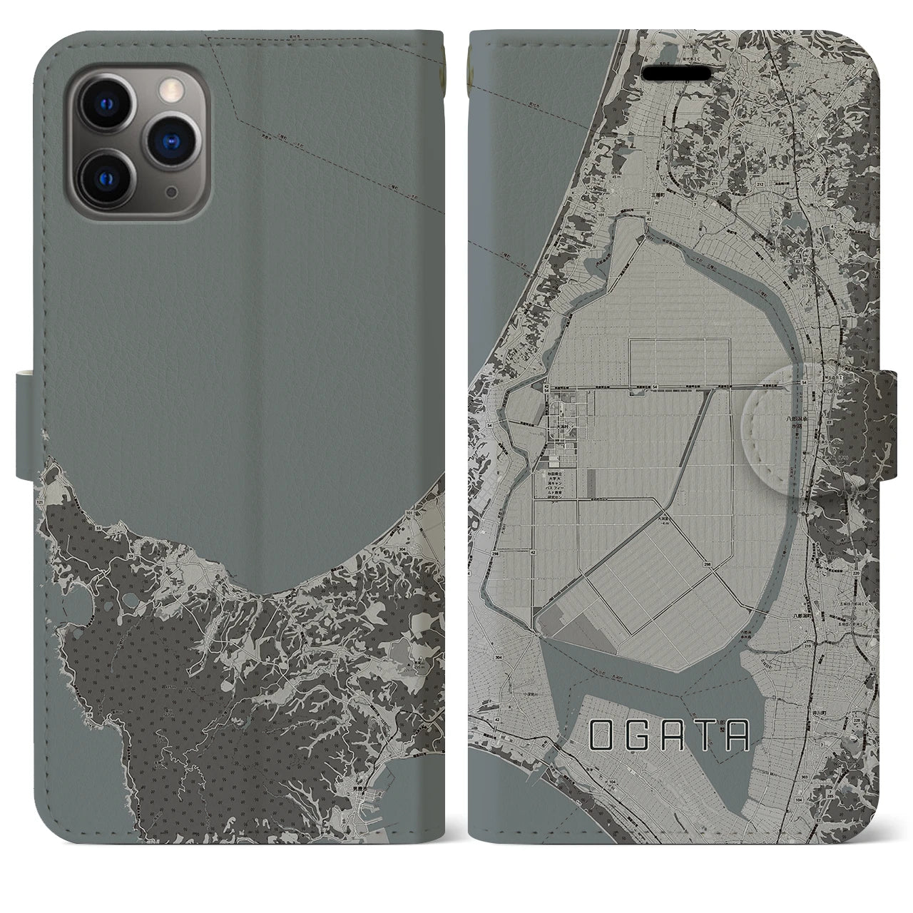 【大潟(秋田県)】地図柄iPhoneケース(手帳タイプ)モノトーン・iPhone 11 Pro Max 用
