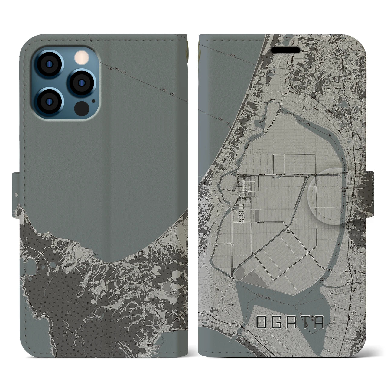 【大潟(秋田県)】地図柄iPhoneケース(手帳タイプ)モノトーン・iPhone 12 / 12 Pro 用