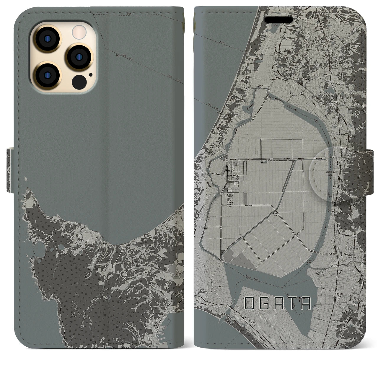 【大潟(秋田県)】地図柄iPhoneケース(手帳タイプ)モノトーン・iPhone 12 Pro Max 用