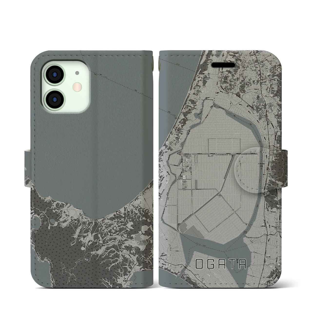【大潟(秋田県)】地図柄iPhoneケース(手帳タイプ)モノトーン・iPhone 12 mini 用