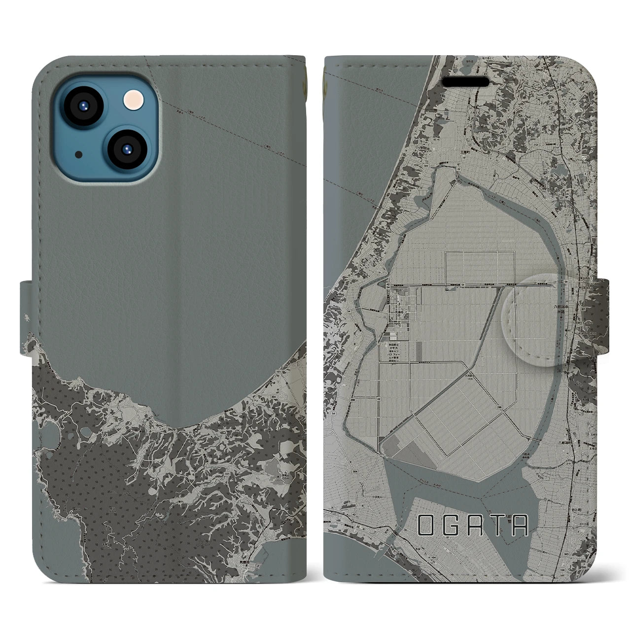 【大潟(秋田県)】地図柄iPhoneケース(手帳タイプ)モノトーン・iPhone 13 用