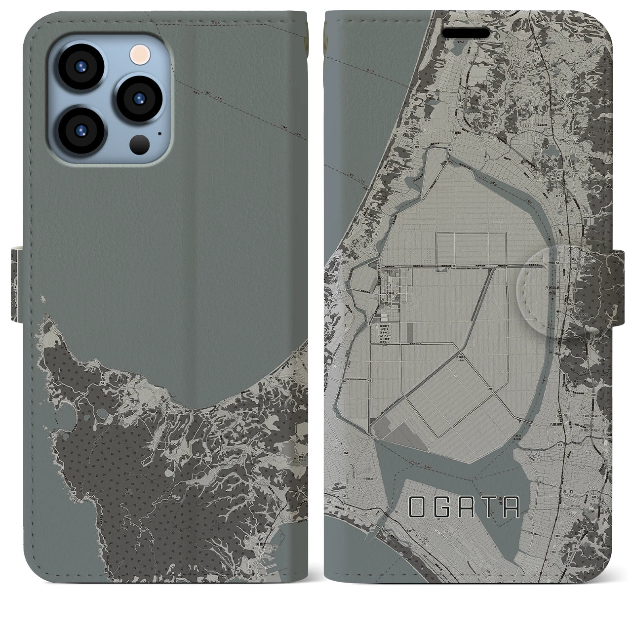 【大潟(秋田県)】地図柄iPhoneケース(手帳タイプ)モノトーン・iPhone 13 Pro Max 用