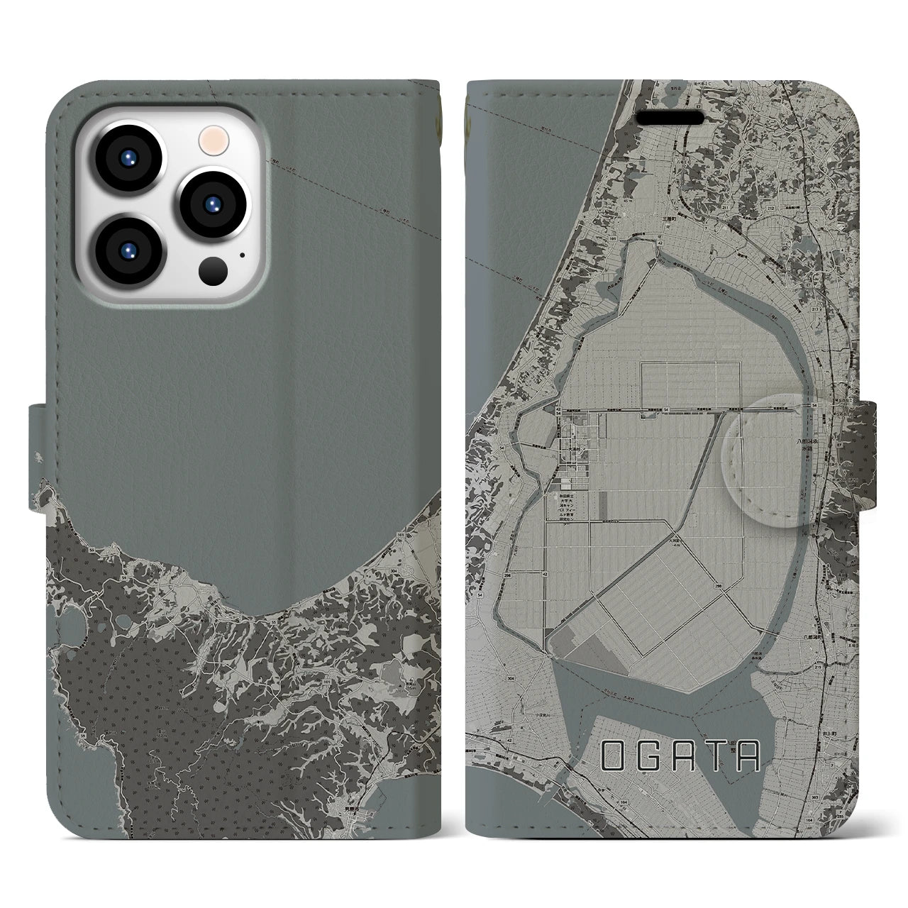 【大潟(秋田県)】地図柄iPhoneケース(手帳タイプ)モノトーン・iPhone 13 Pro 用