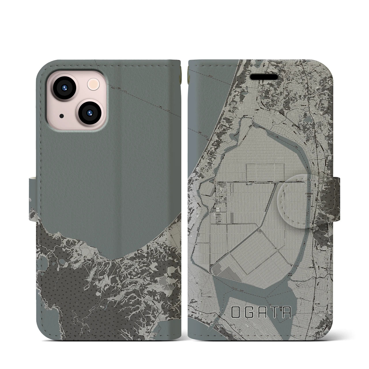 【大潟(秋田県)】地図柄iPhoneケース(手帳タイプ)モノトーン・iPhone 13 mini 用