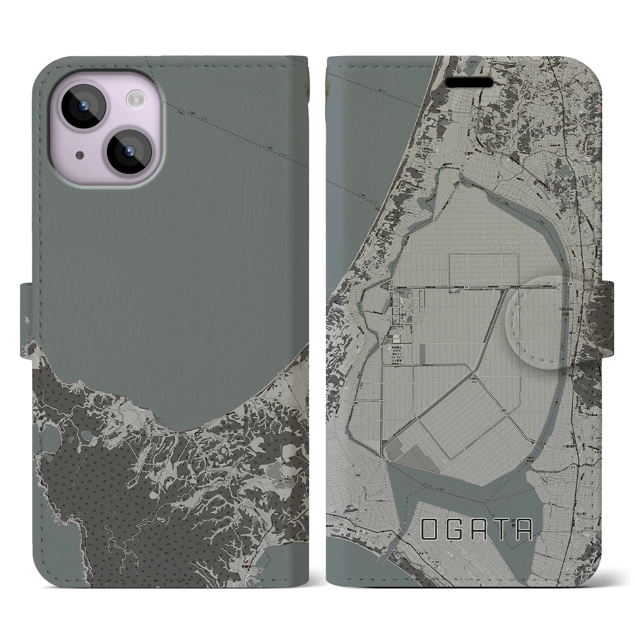 【大潟(秋田県)】地図柄iPhoneケース(手帳タイプ)モノトーン・iPhone 14 用