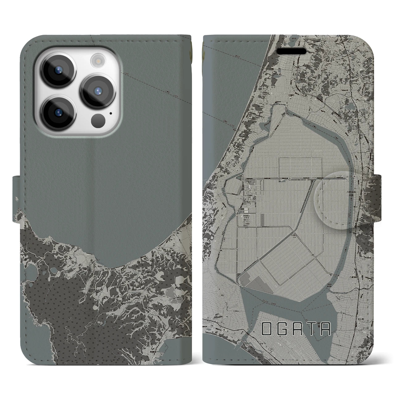 【大潟(秋田県)】地図柄iPhoneケース(手帳タイプ)モノトーン・iPhone 14 Pro 用