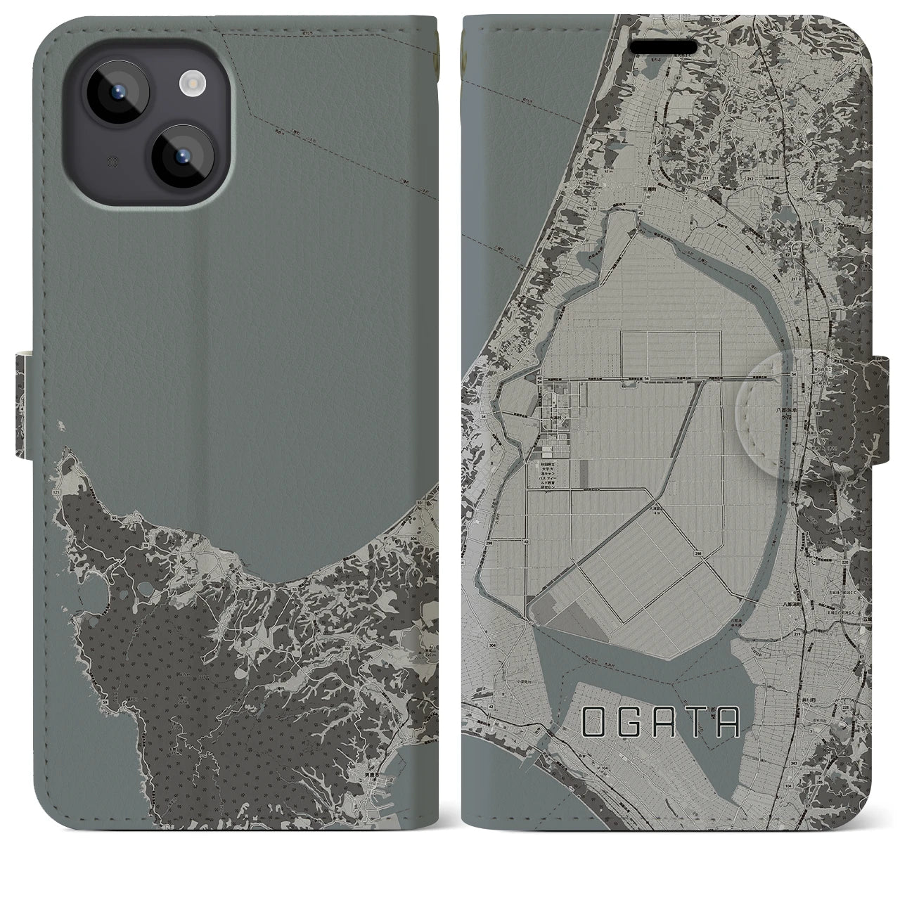 【大潟(秋田県)】地図柄iPhoneケース(手帳タイプ)モノトーン・iPhone 14 Plus 用