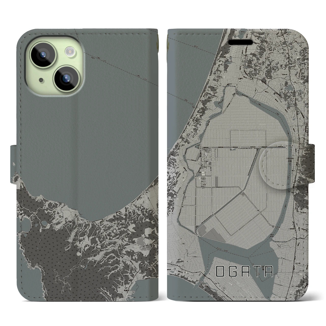 【大潟(秋田県)】地図柄iPhoneケース(手帳タイプ)モノトーン・iPhone 15 用