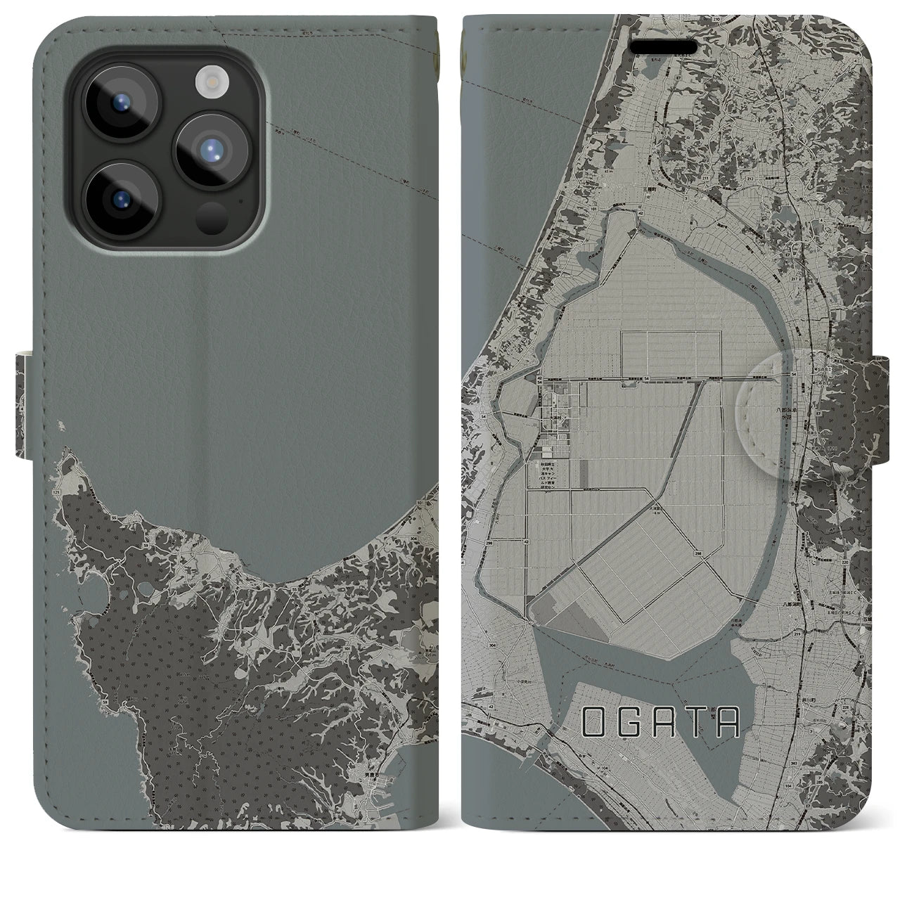 【大潟(秋田県)】地図柄iPhoneケース(手帳タイプ)モノトーン・iPhone 15 Pro Max 用