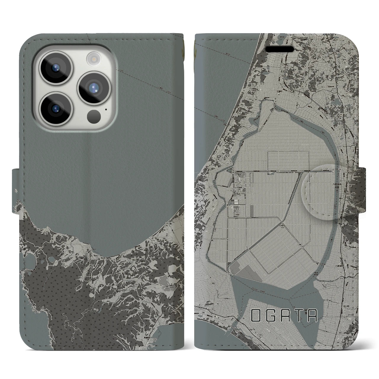 【大潟(秋田県)】地図柄iPhoneケース(手帳タイプ)モノトーン・iPhone 15 Pro 用