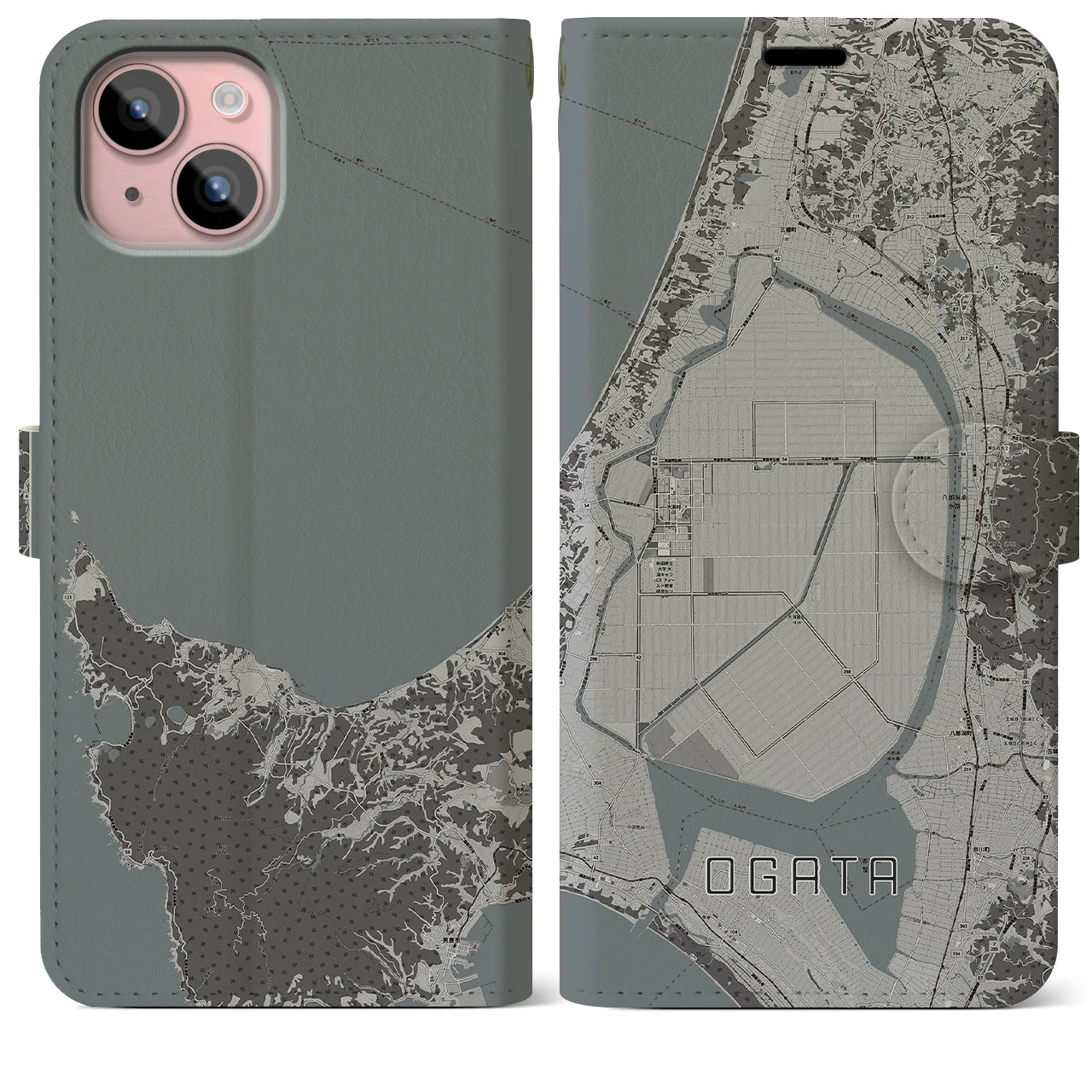 【大潟(秋田県)】地図柄iPhoneケース(手帳タイプ)モノトーン・iPhone 15 Plus 用