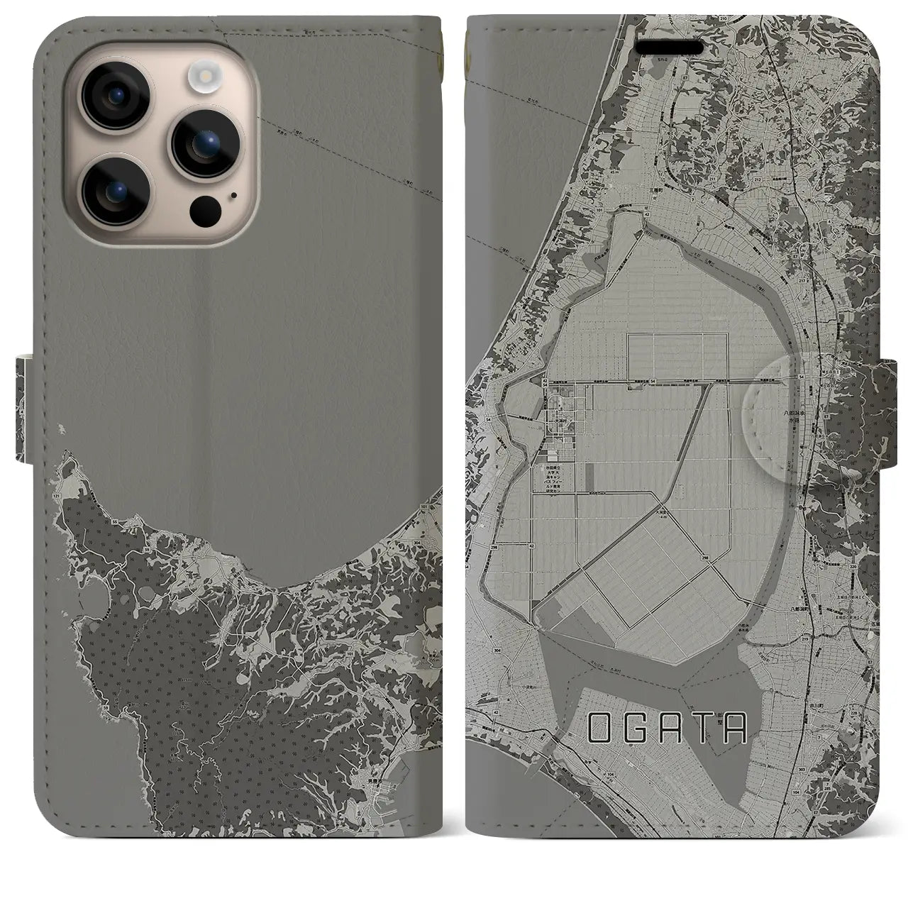 【大潟(秋田県)】地図柄iPhoneケース(手帳タイプ)モノトーン・iPhone 16 Plus 用