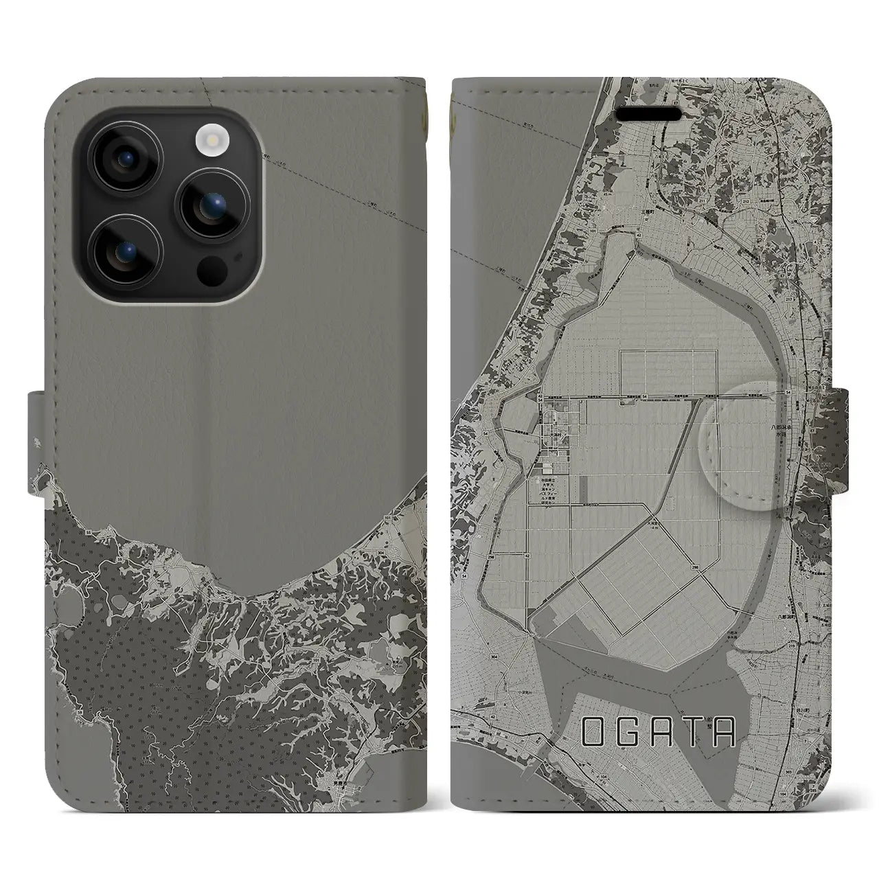 【大潟(秋田県)】地図柄iPhoneケース(手帳タイプ)モノトーン・iPhone 16 用
