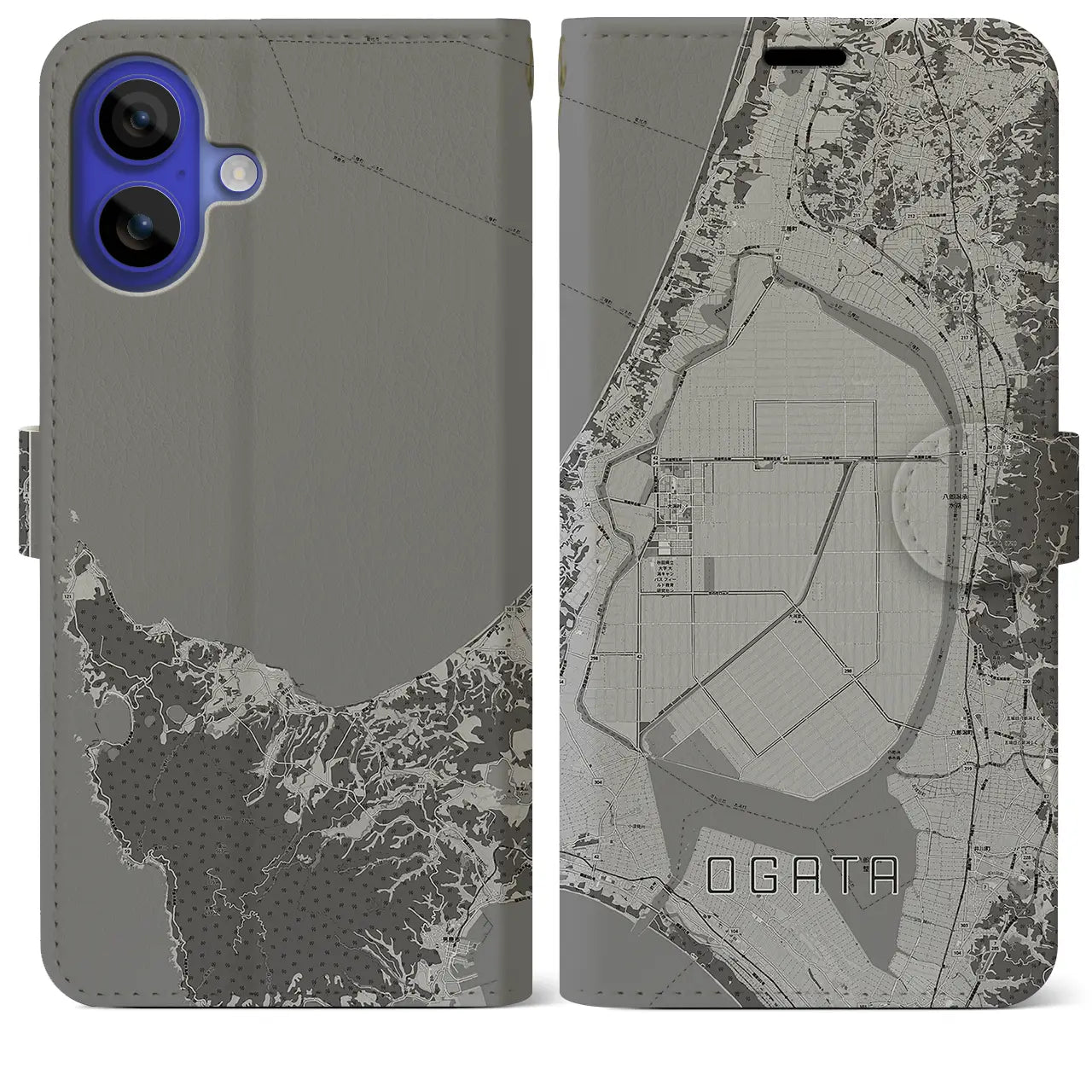 【大潟(秋田県)】地図柄iPhoneケース(手帳タイプ)モノトーン・iPhone 16 Pro Max 用