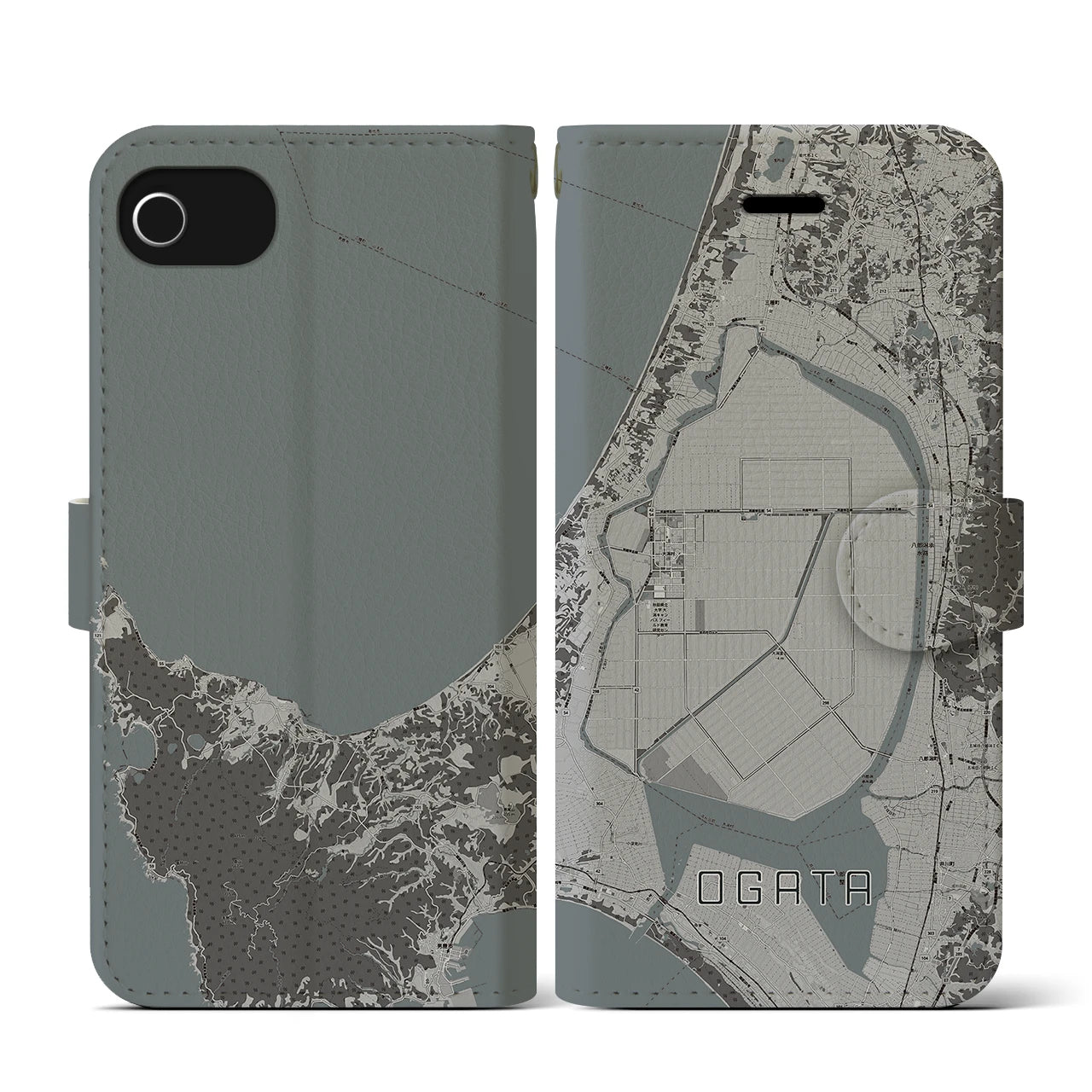 【大潟(秋田県)】地図柄iPhoneケース(手帳タイプ)モノトーン・iPhone SE(第3 / 第2世代) / 8 / 7 / 6s / 6 用