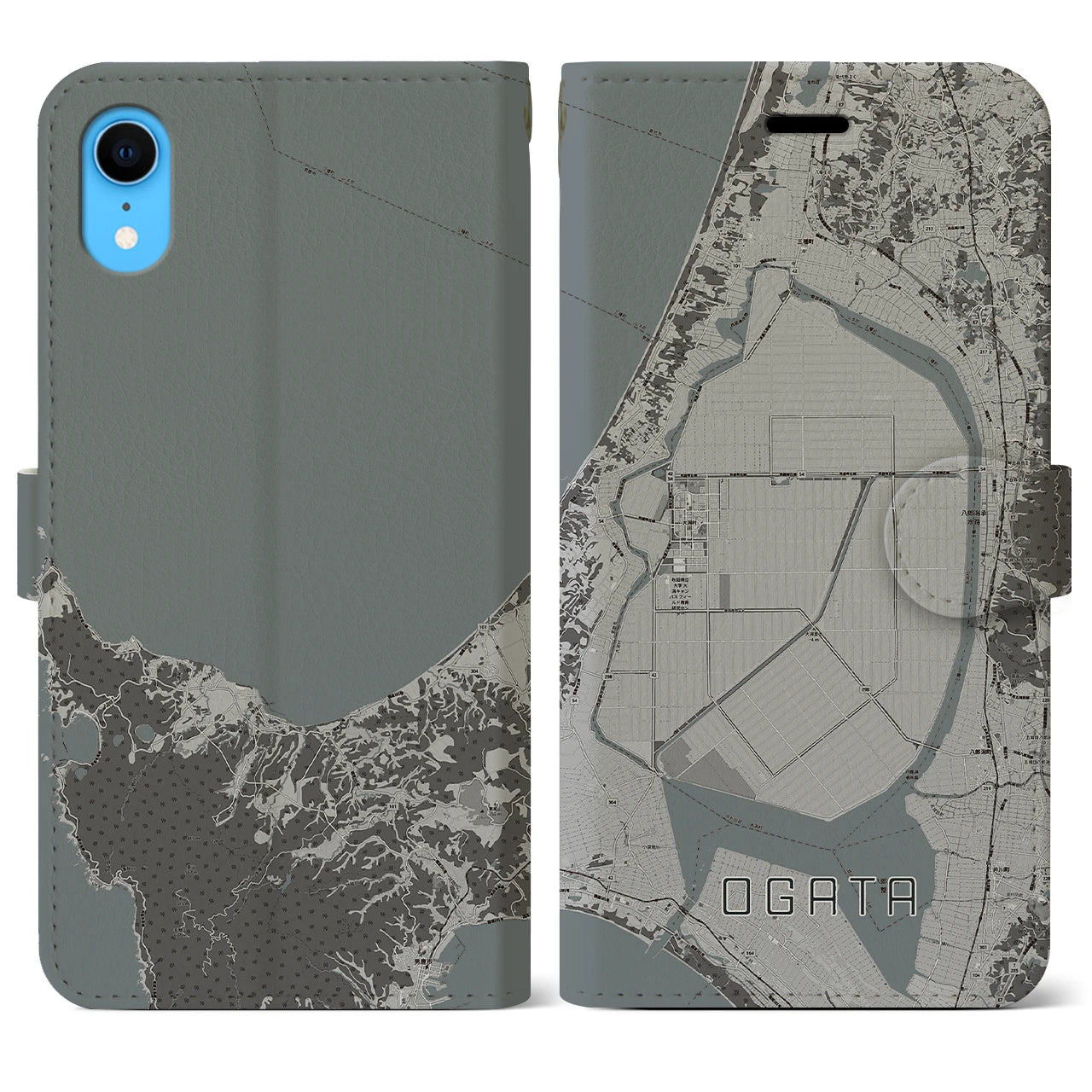 【大潟(秋田県)】地図柄iPhoneケース(手帳タイプ)モノトーン・iPhone XR 用